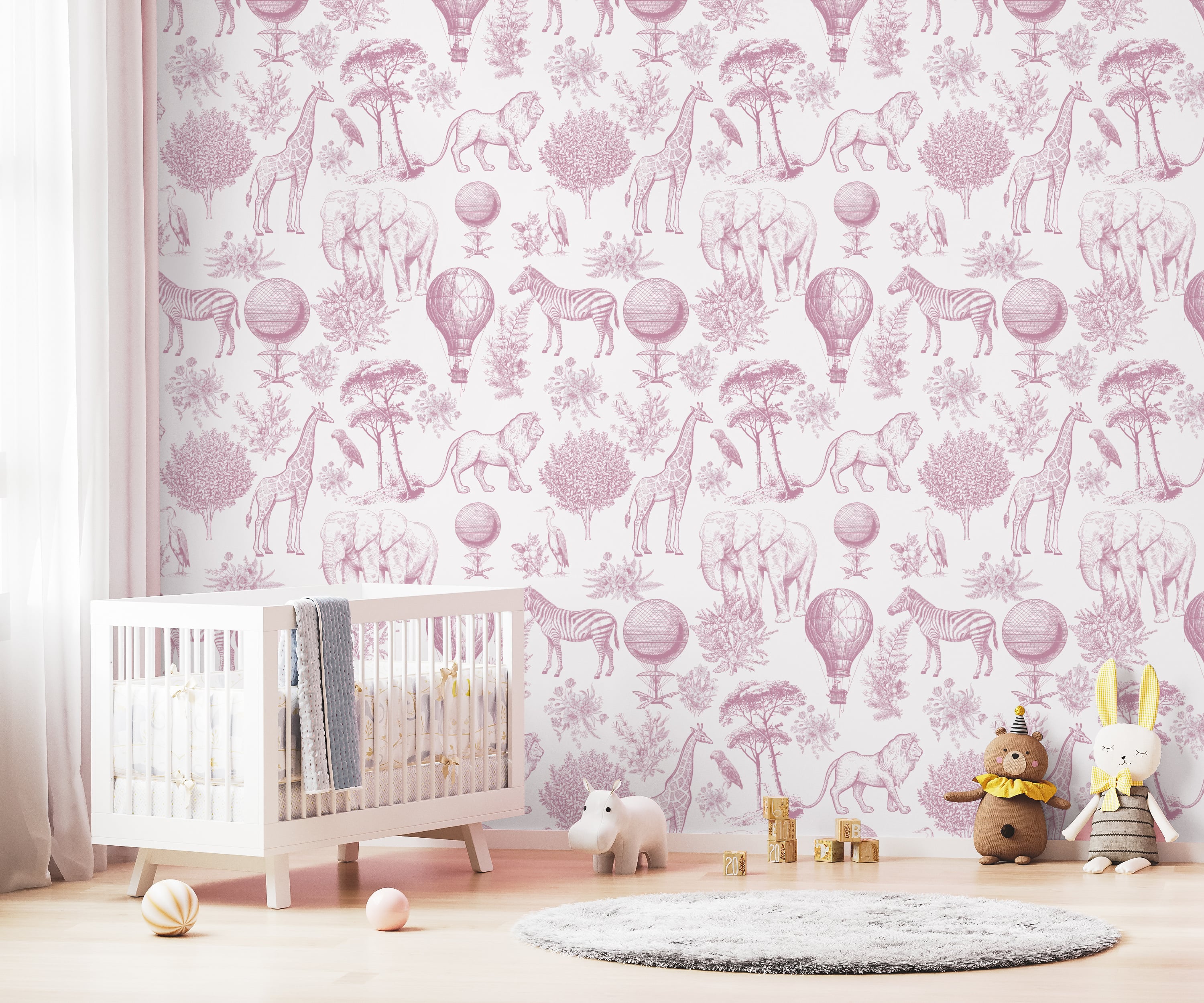 Elegant girls nursery wallpaper with safari toile pattern