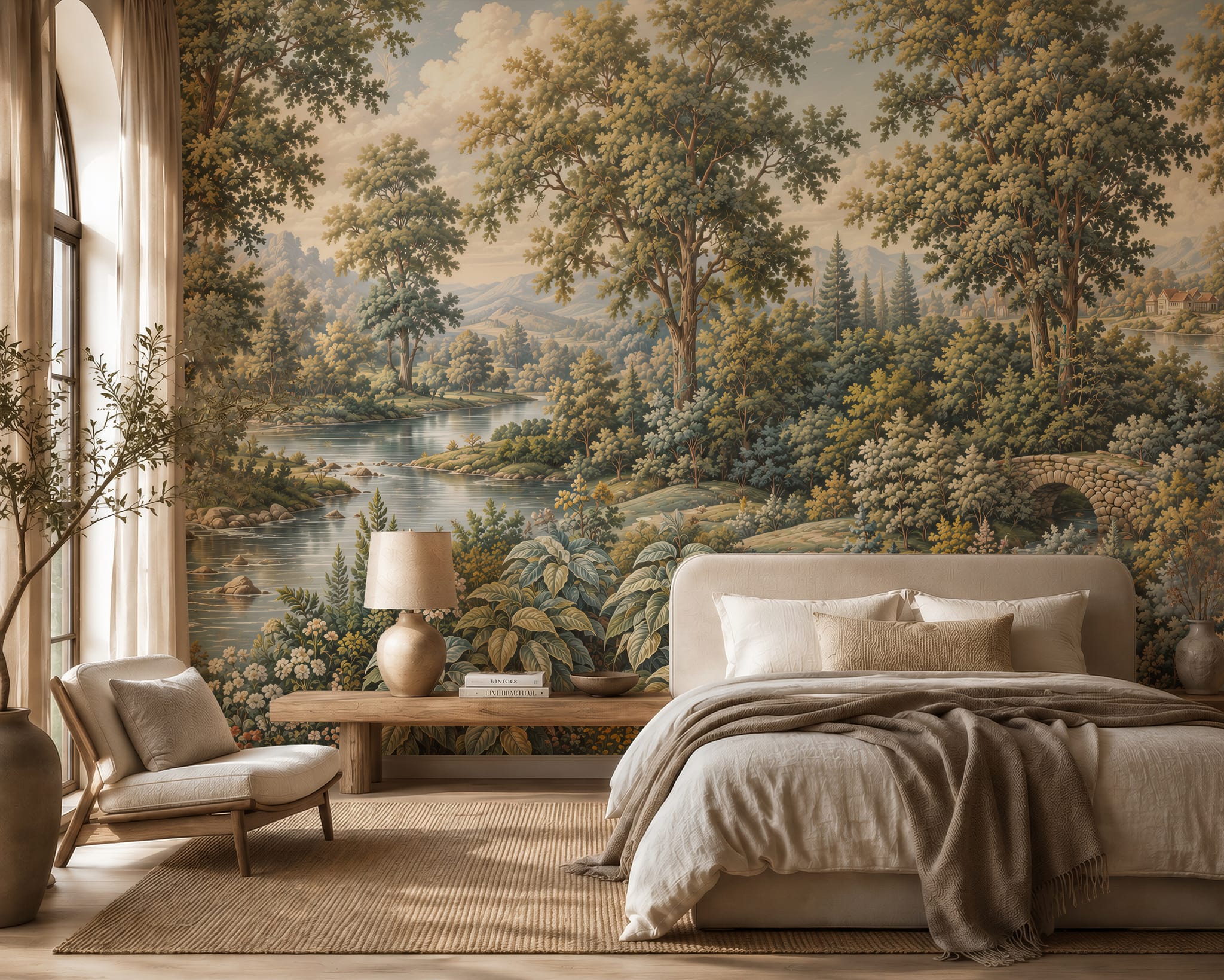 Scenic forest wallpaper mural in olive green and warm brown tones