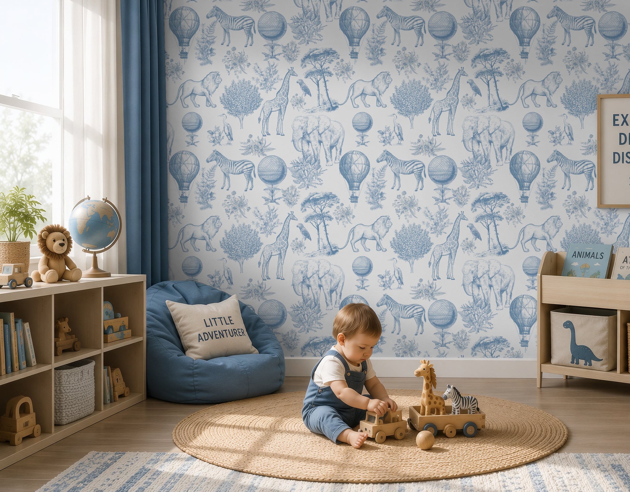 Blue safari toile wallpaper with illustrated wild animals