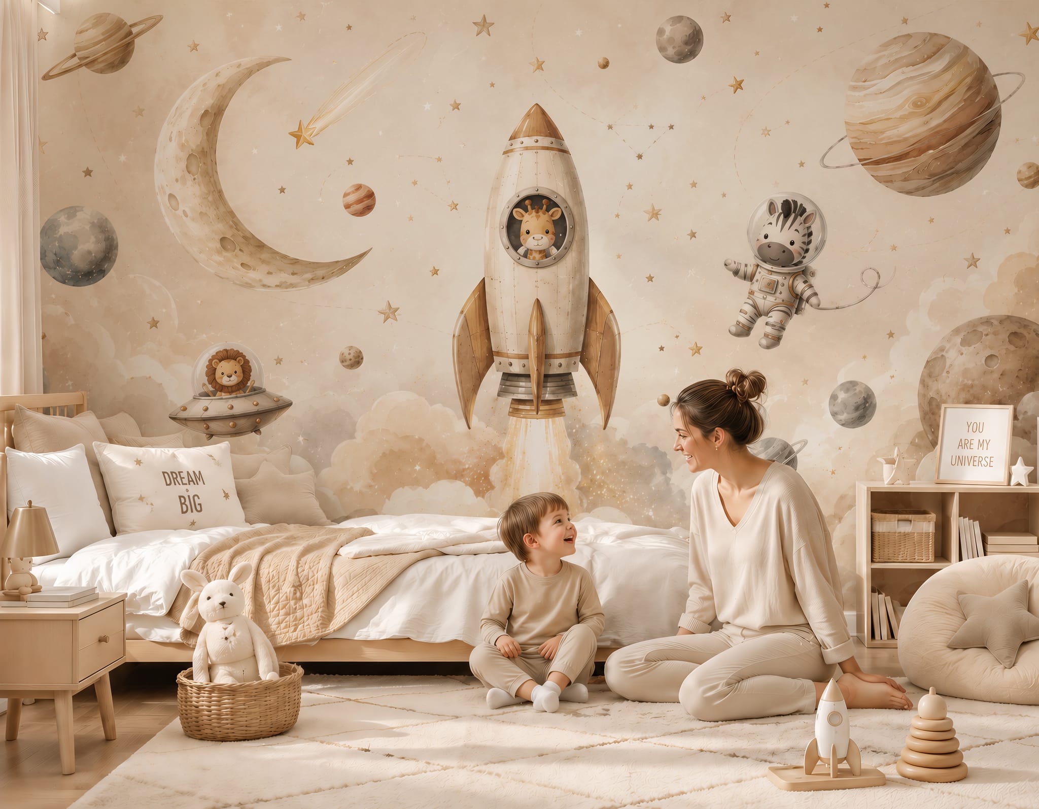 Neutral kids space wallpaper with rocket, crescent moon, planets, stars, and cute animal astronauts
