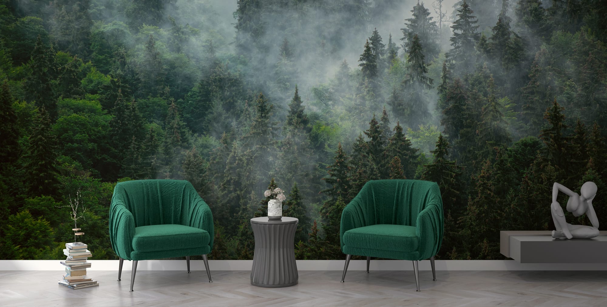 Scenic woodland wallpaper featuring tall conifer trees fading into soft fog for dramatic natural depth