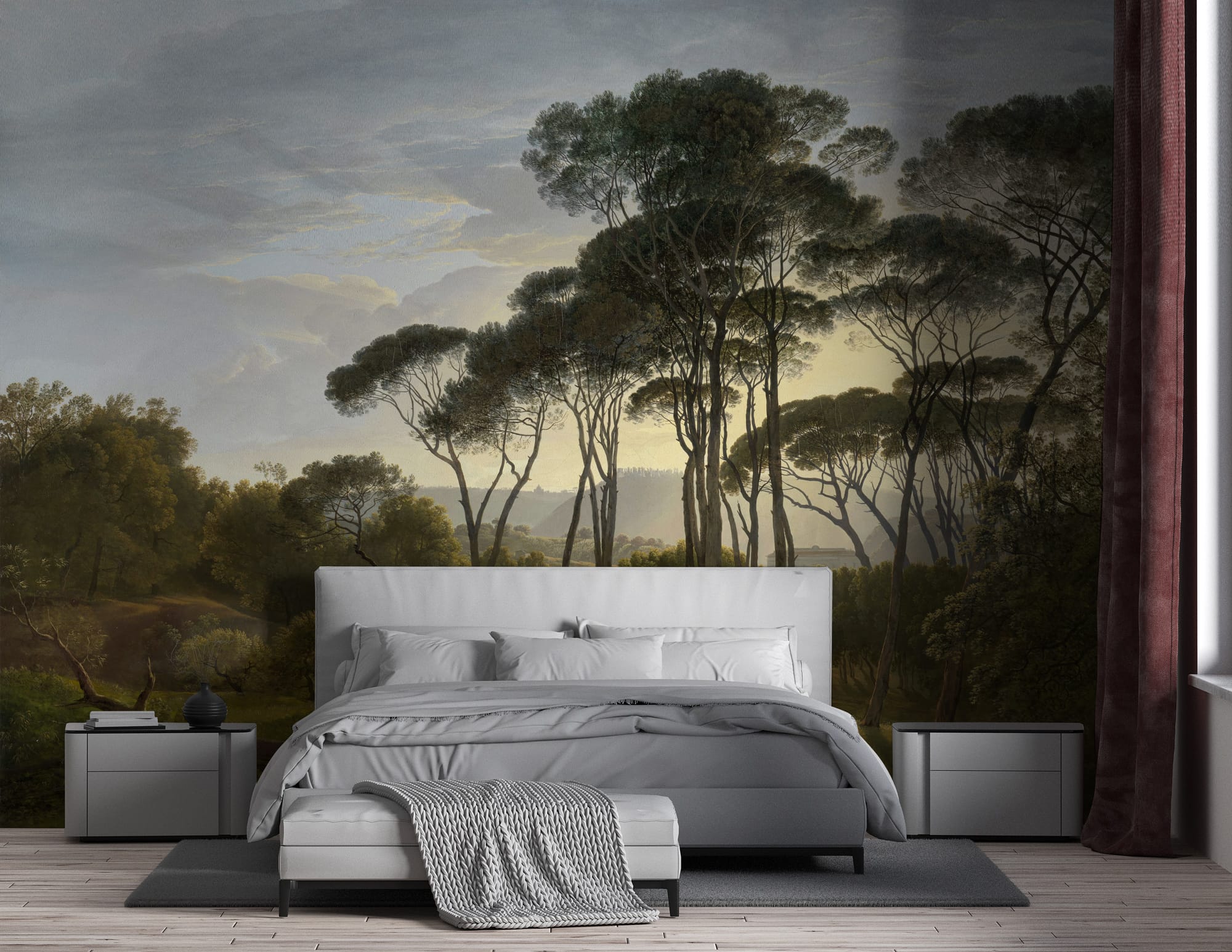 Old master style forest landscape wallpaper with elegant pine trees, distant hills, and moody natural depth