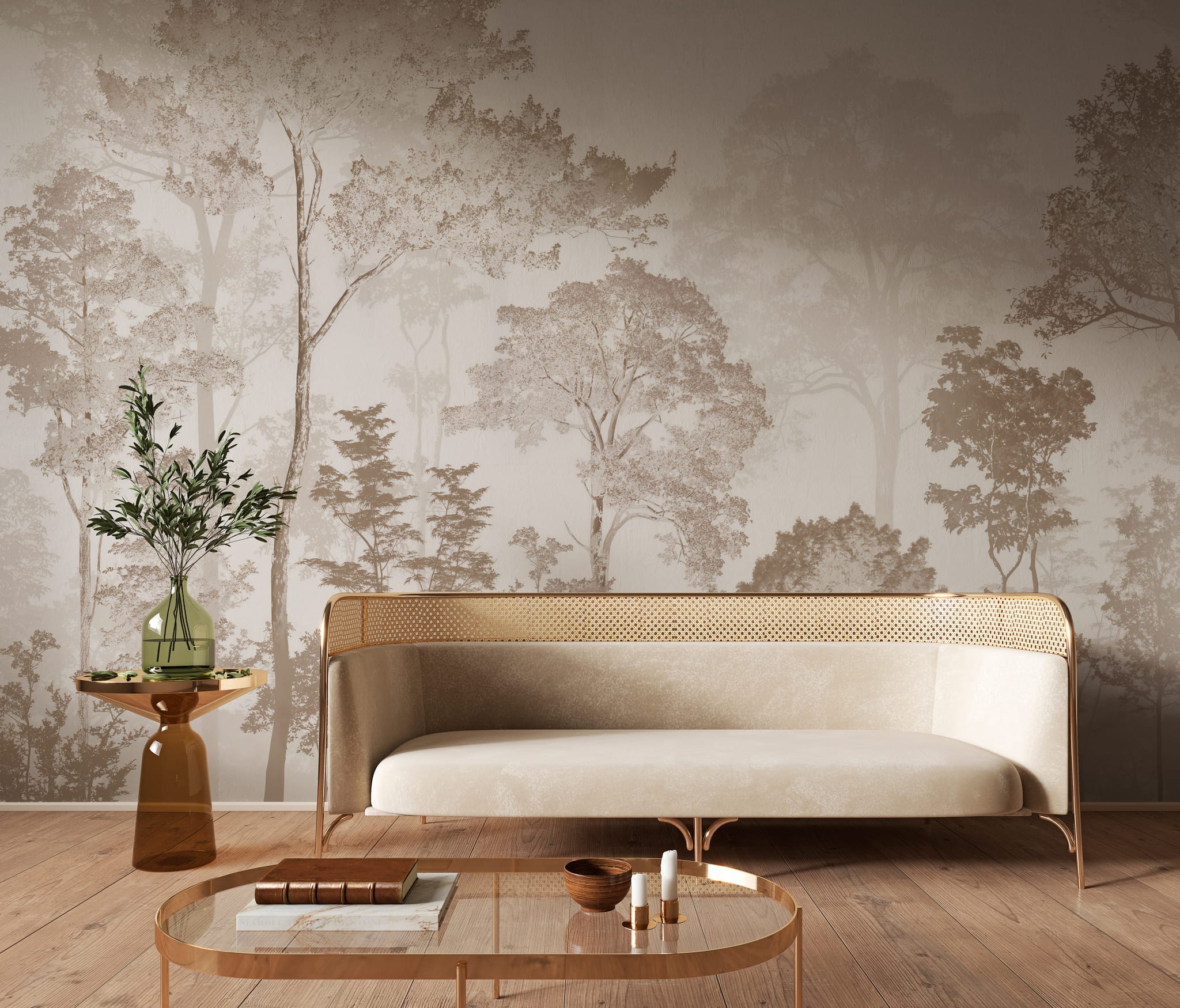 Scenic forest wall mural displayed in a bright dining room with light wood furniture and neutral upholstery