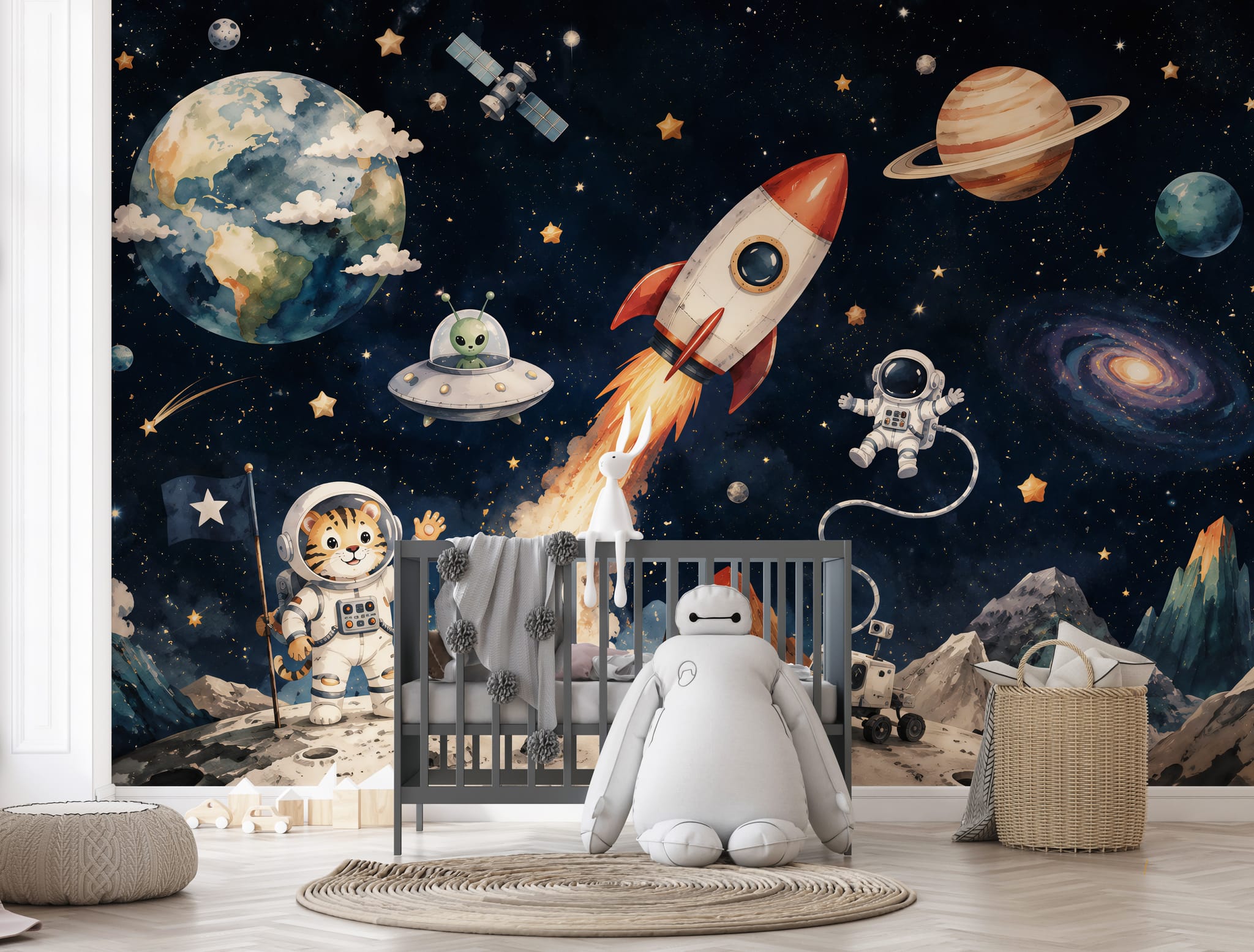 Space wall mural displayed in a kids bedroom with rocket launch, astronaut, planets, and dark starry sky
