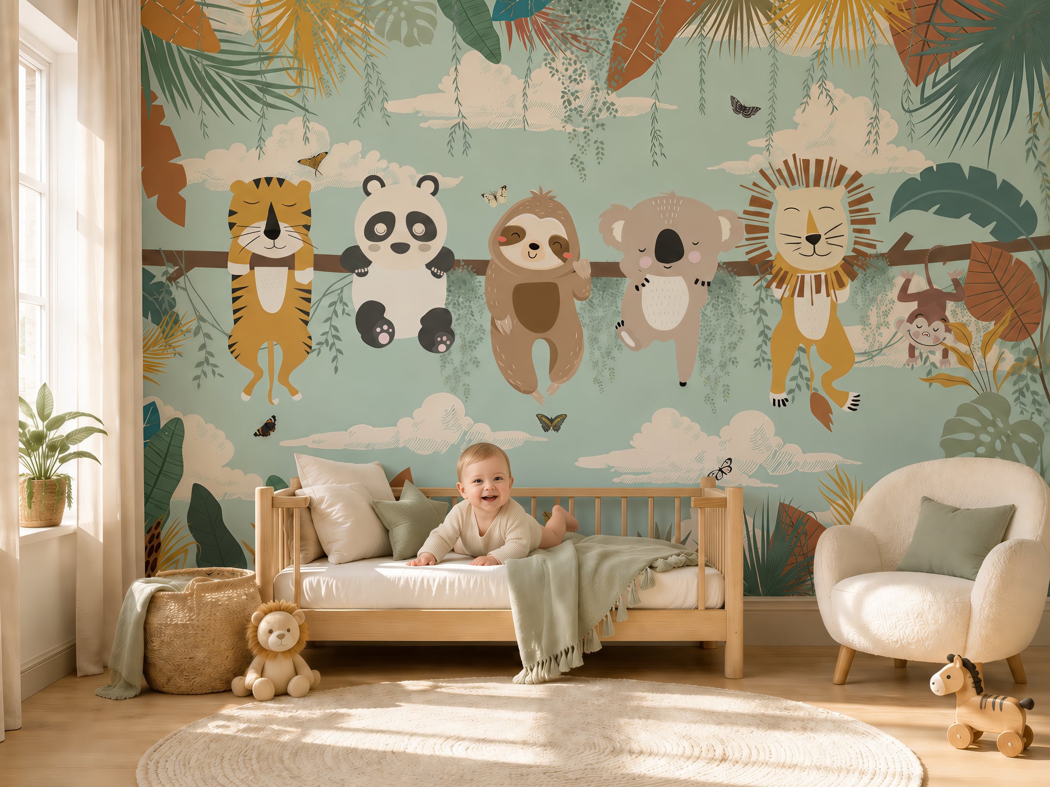 Cute jungle animal wallpaper with tiger, panda, sloth, koala, lion, and monkey in a shared kids bedroom