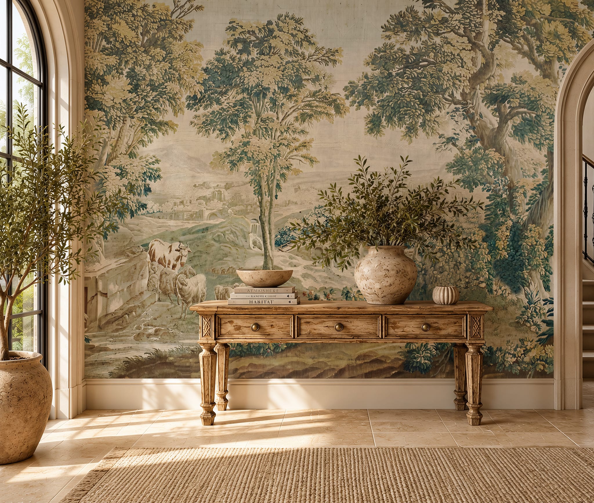 Vintage countryside wallpaper with grazing farm animals and large woodland trees