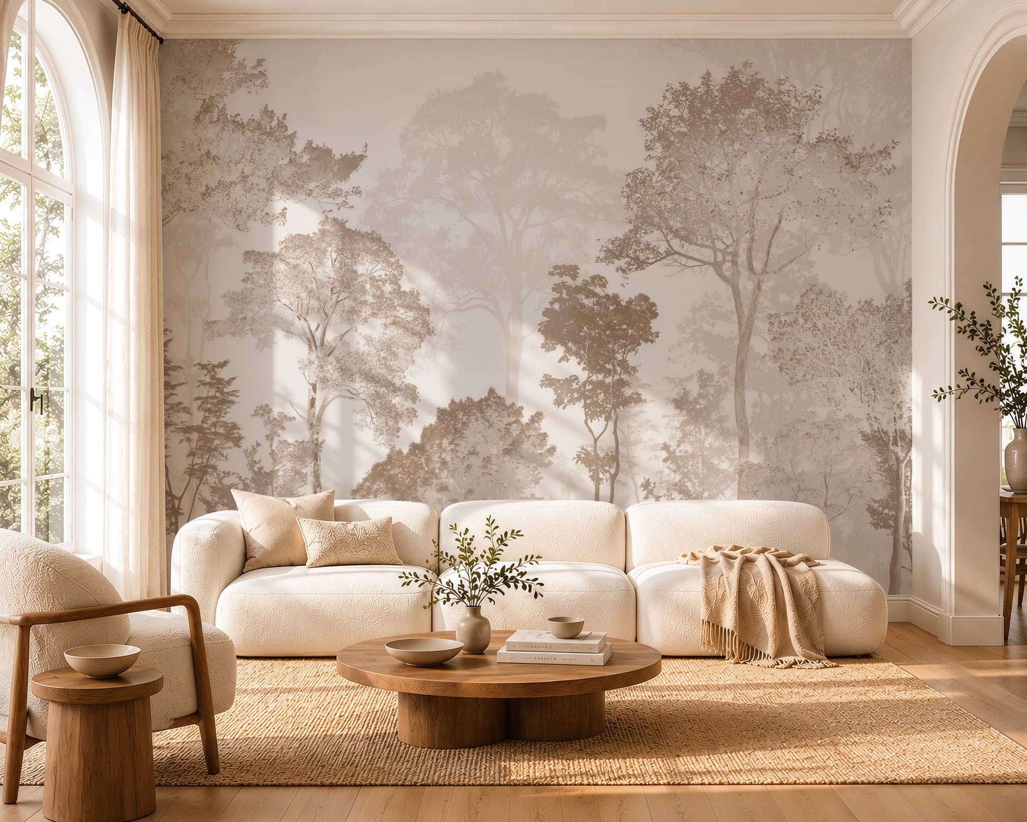 Neutral misty forest wallpaper wall mural with layered tree silhouettes in soft beige and taupe tones