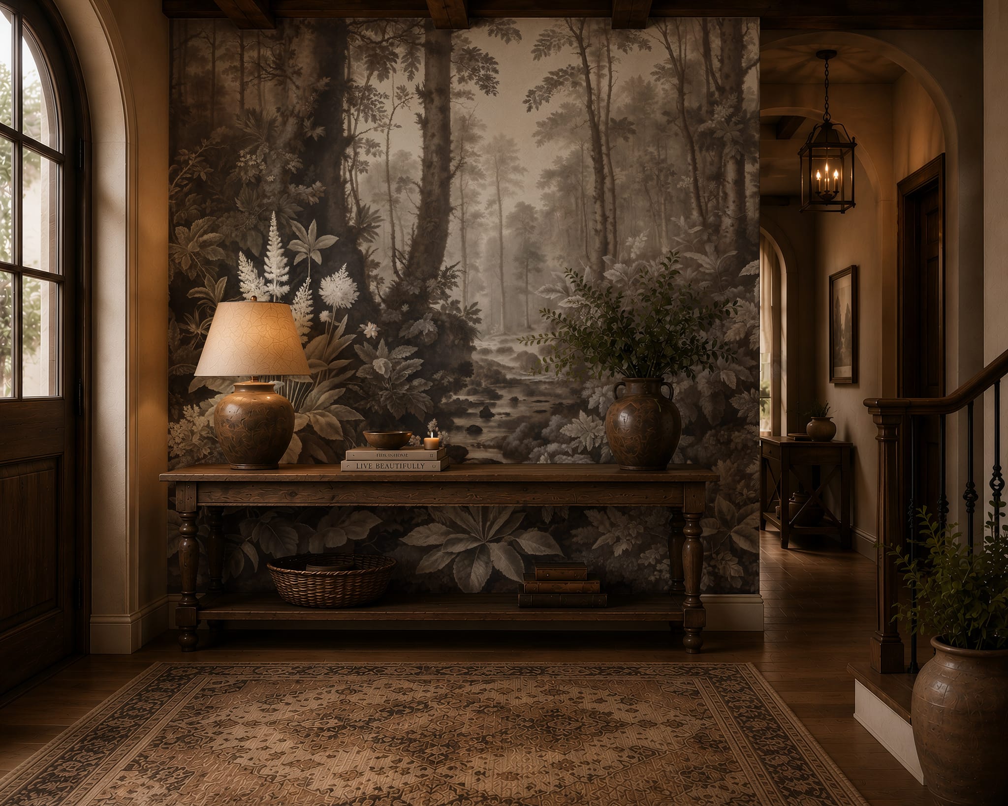 Moody woodland wall mural displayed in a warm entryway with dark wood furniture and vintage-inspired décor