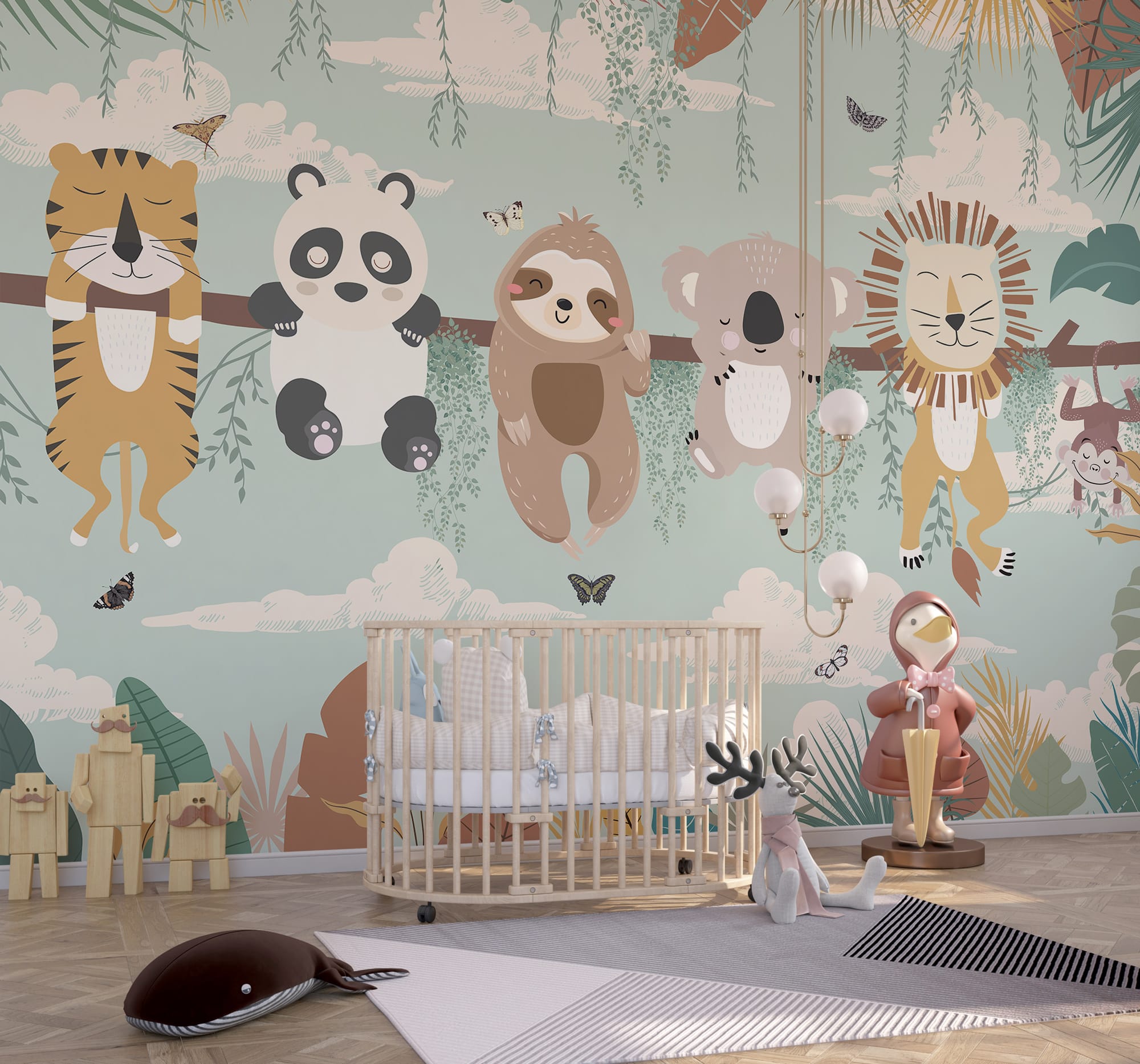 Cartoon animal wall mural featuring friendly jungle characters hanging from a branch on a soft mint background