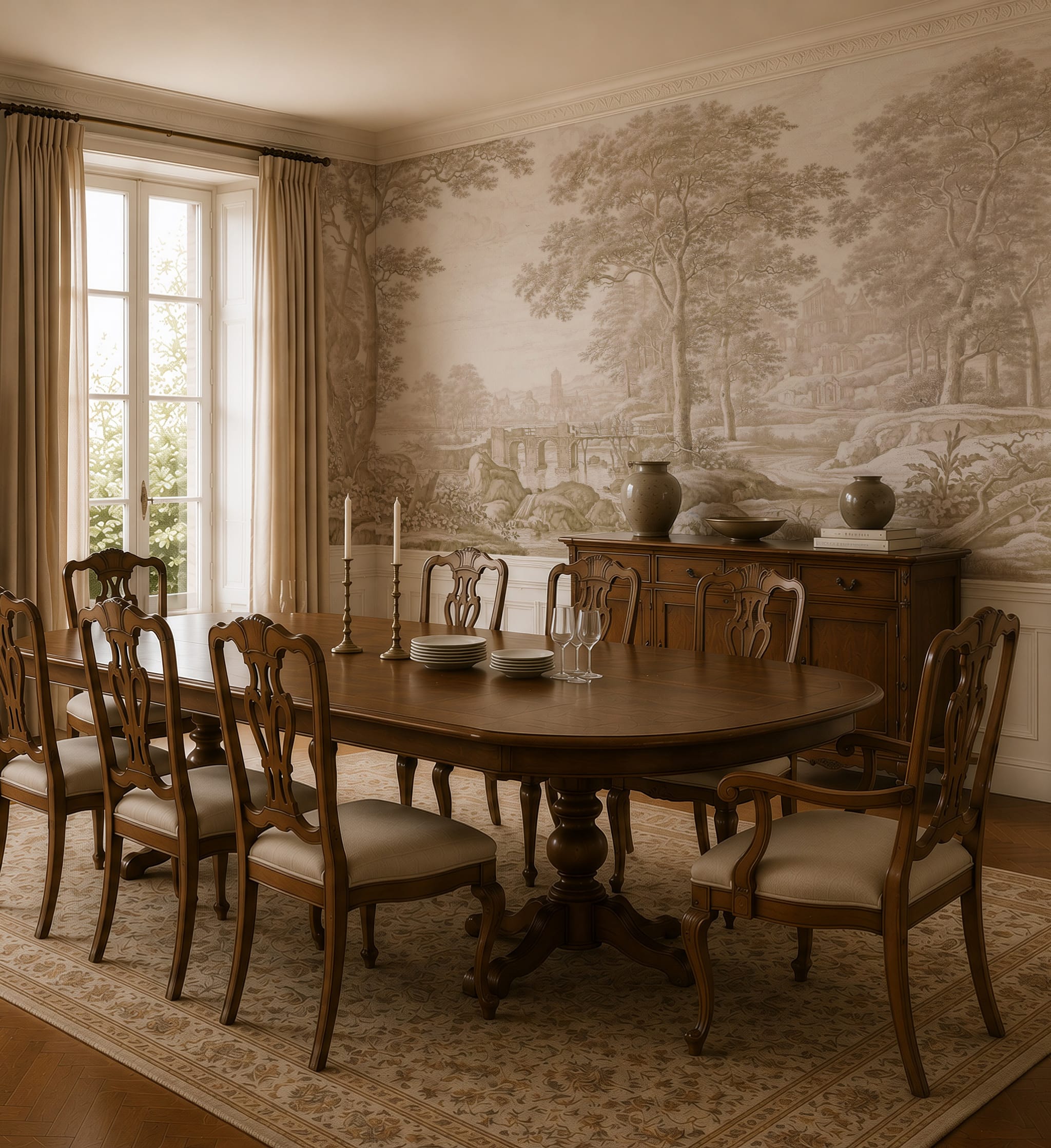Sepia scenic landscape wallpaper wall mural with tall trees, stone bridge, classical village, and soft pastoral scenery