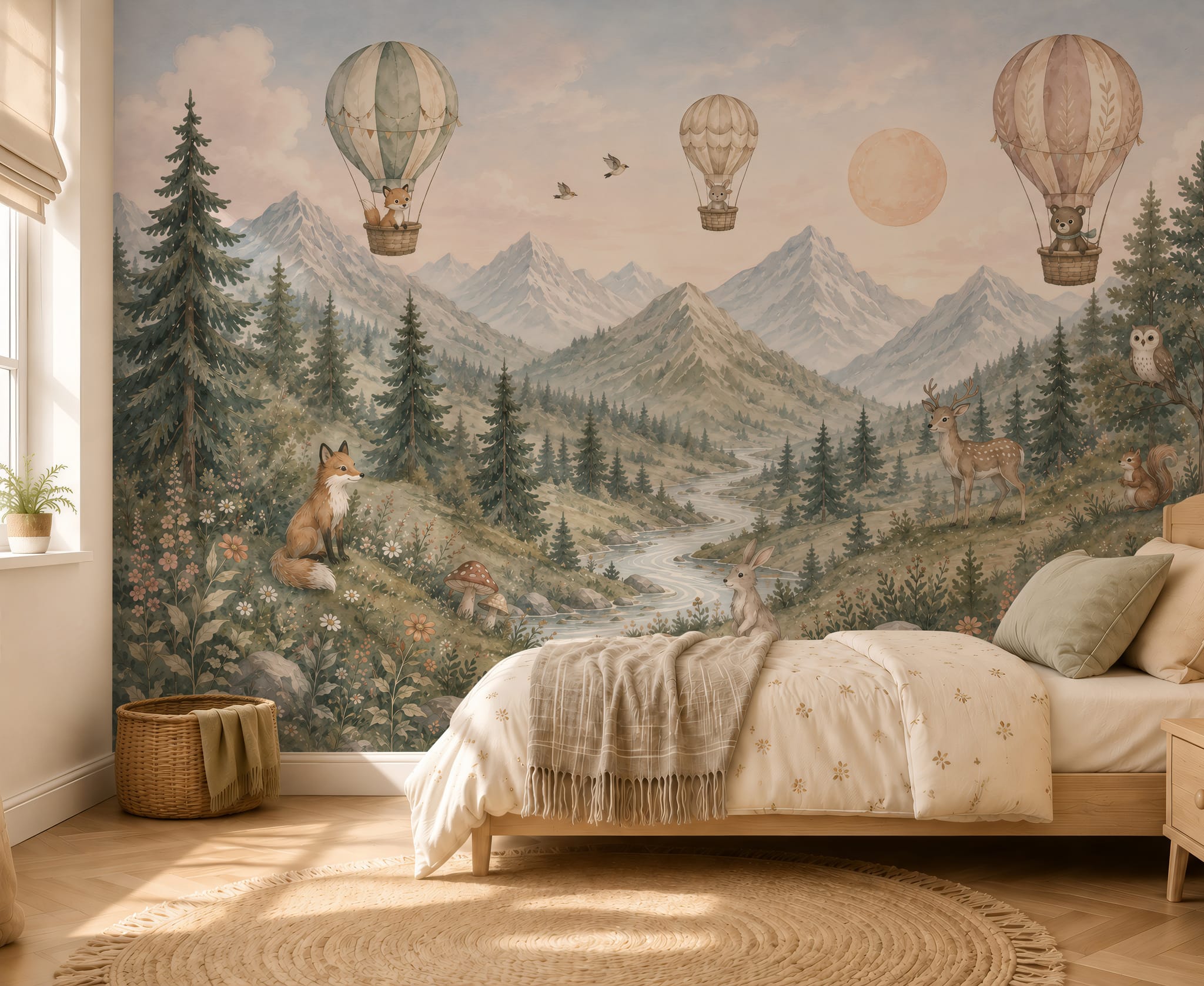 Scenic nursery wall mural with floating animal balloons, mountain peaks, river valley, and woodland details