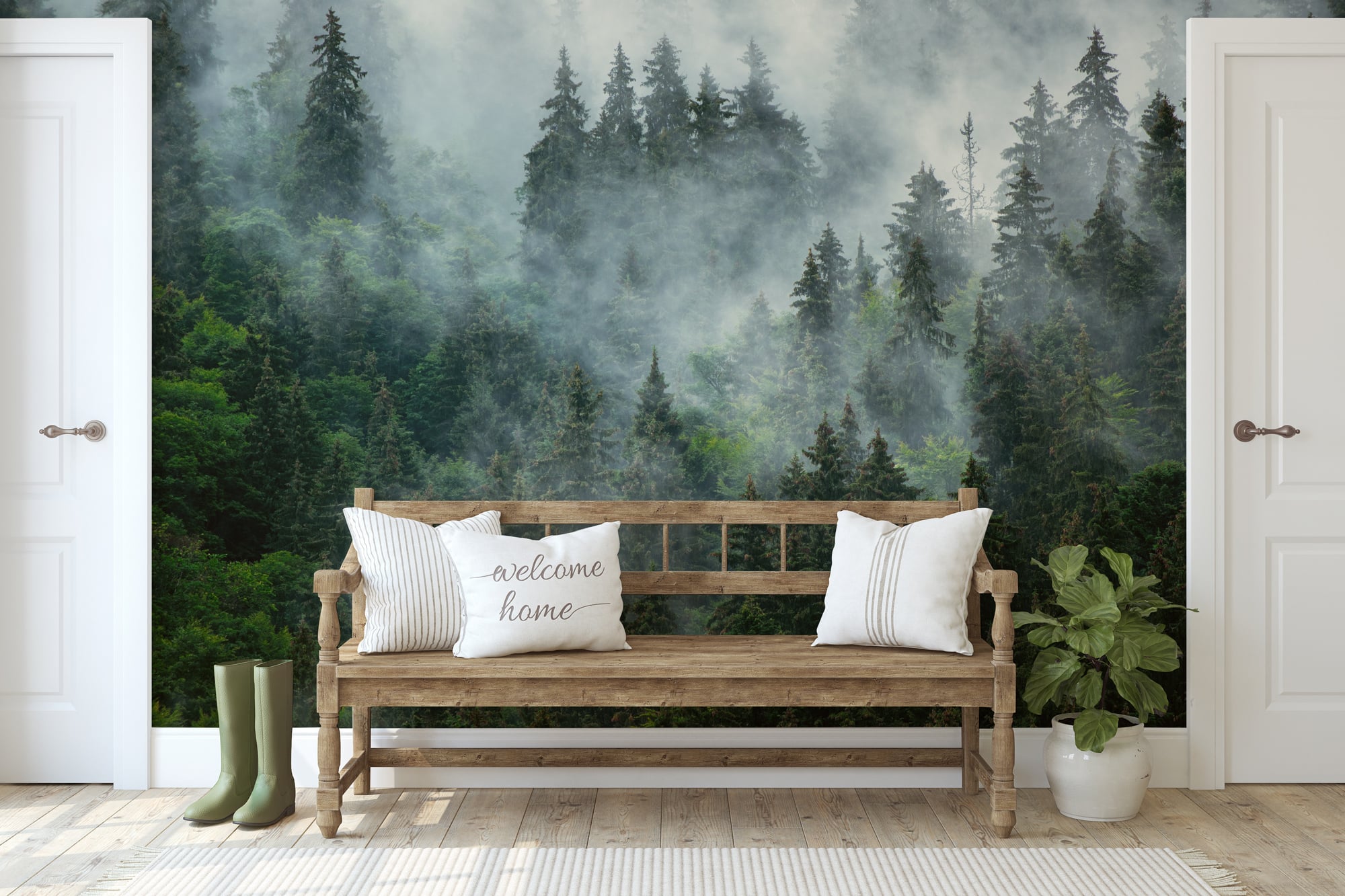 Dark evergreen forest wall mural with layered fir trees, drifting mist, and deep natural green tones