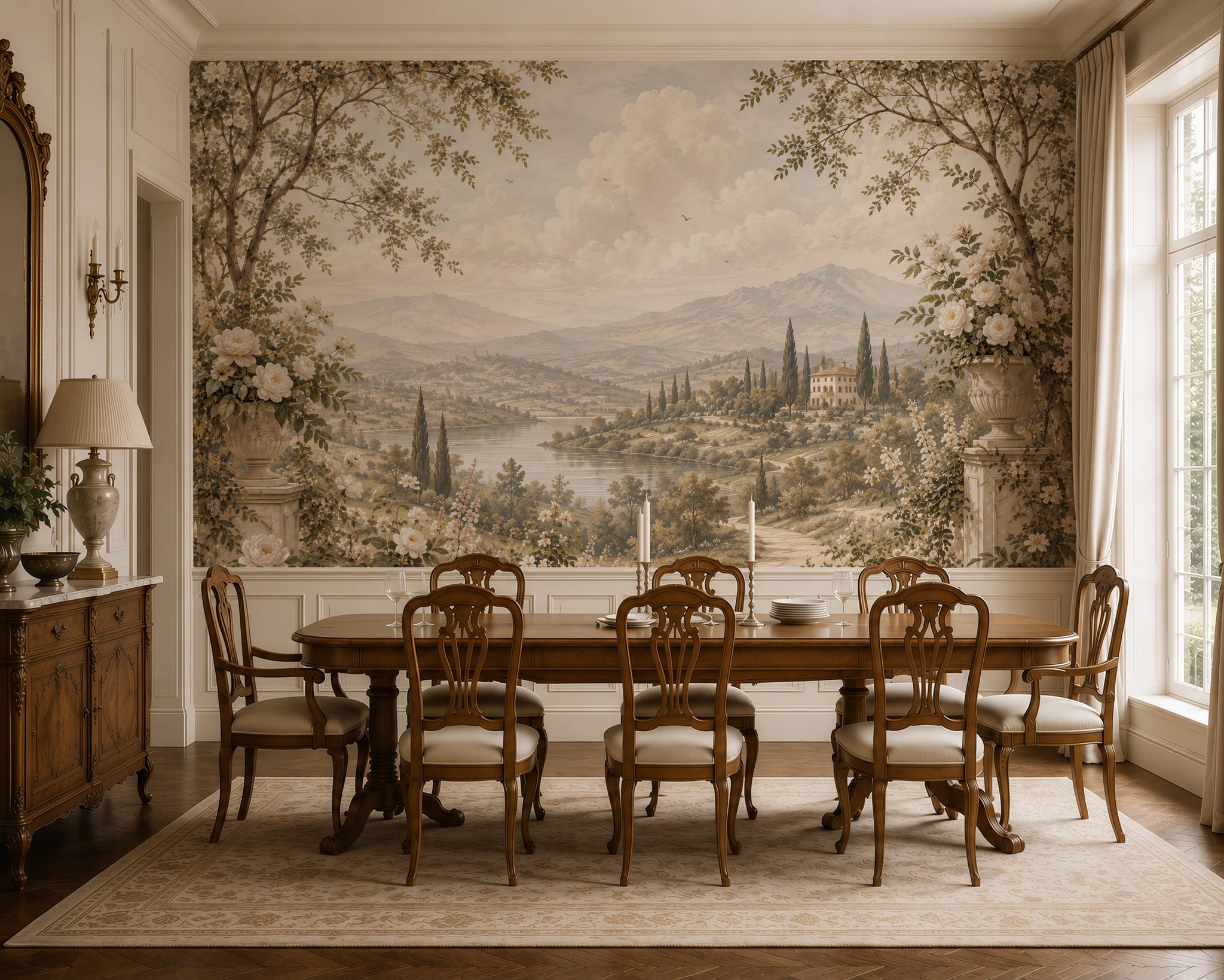Romantic scenic wallpaper wall mural with floral borders, lake view, cypress trees, mountains, and a soft painted countryside