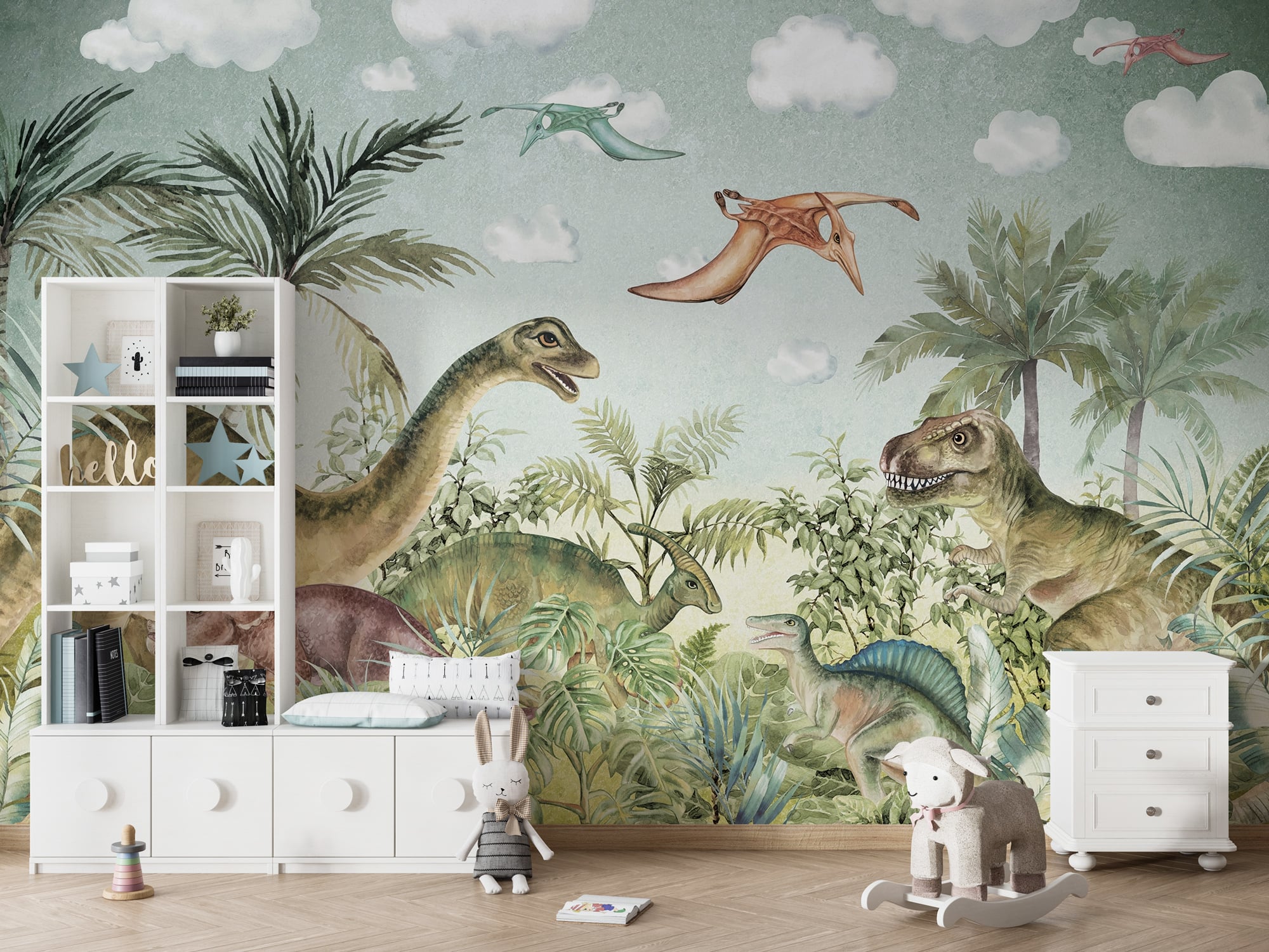 Jurassic dinosaur wallpaper mural for kids room