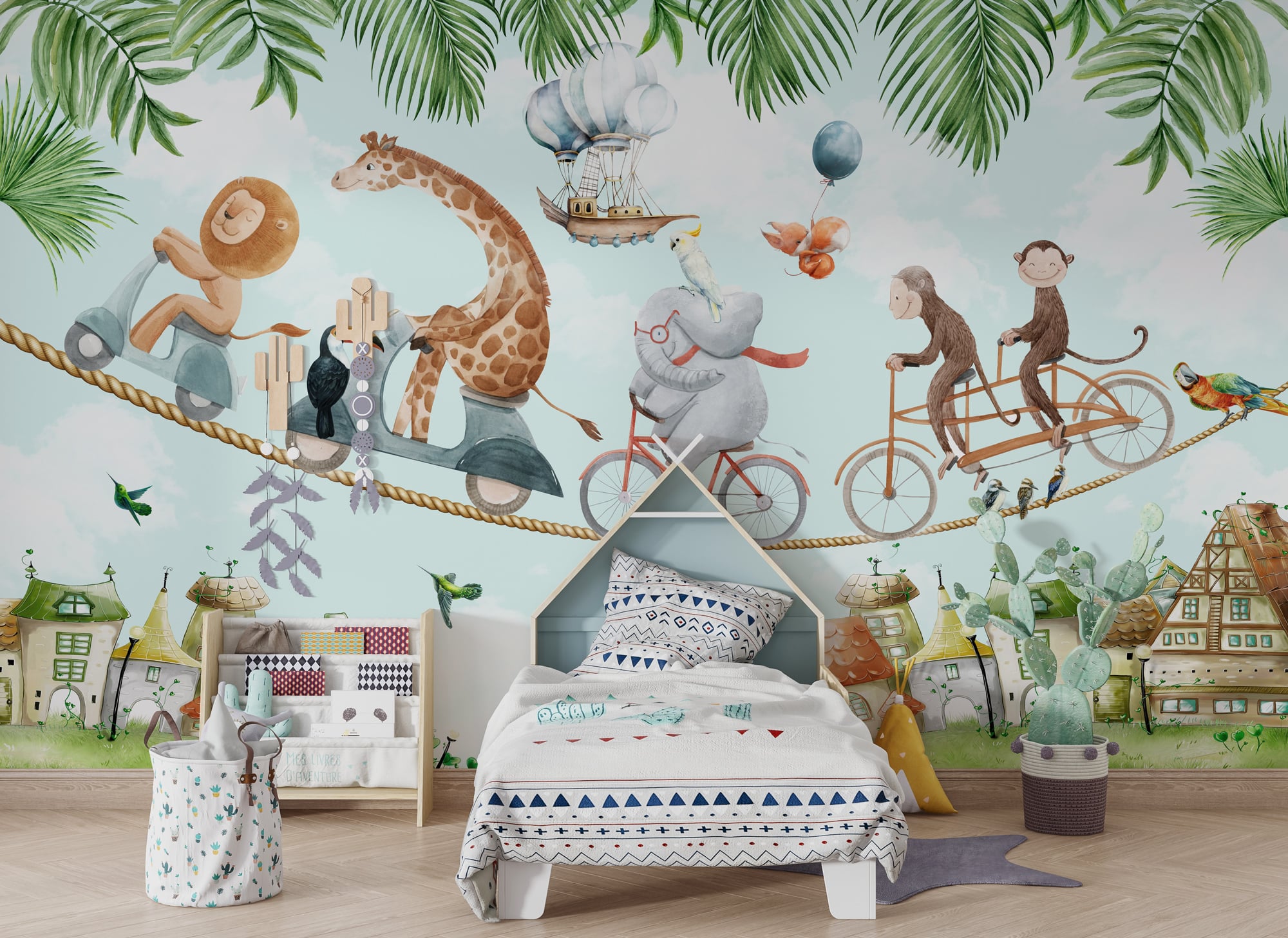 Storybook animal mural with tropical leaves and village illustrations