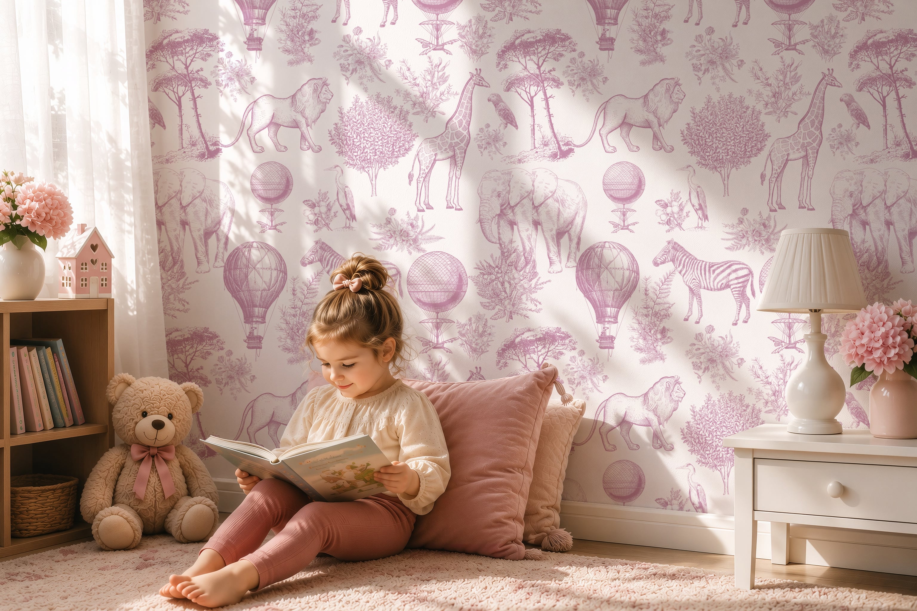 Pink safari toile wallpaper with vintage animal illustrations