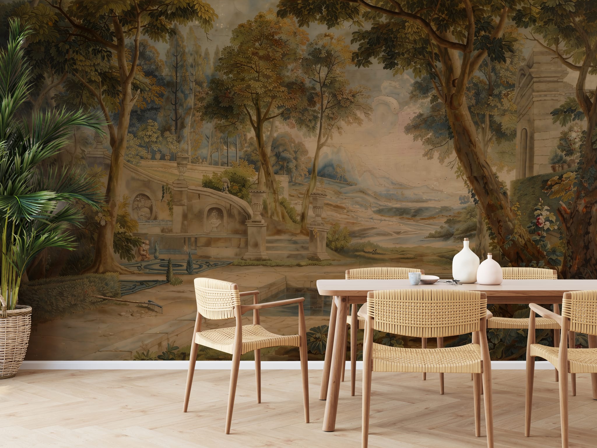 Vintage garden landscape wallpaper wall mural with tall trees, stone stairs, classical architecture, and a romantic painted scenery