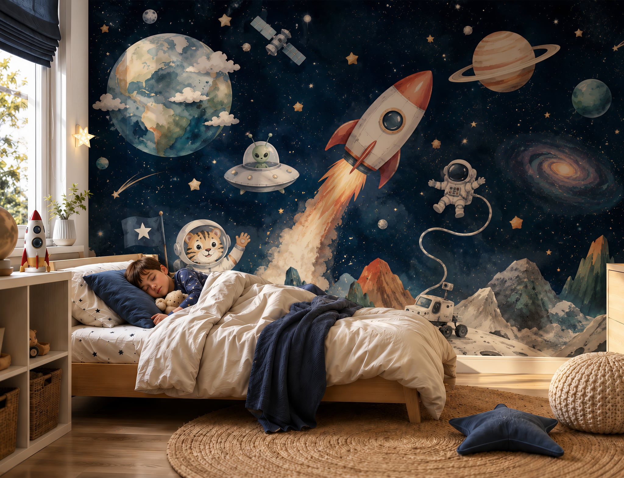 Kids space wallpaper with rocket, planets, astronaut, Earth, stars, and galaxy scenery