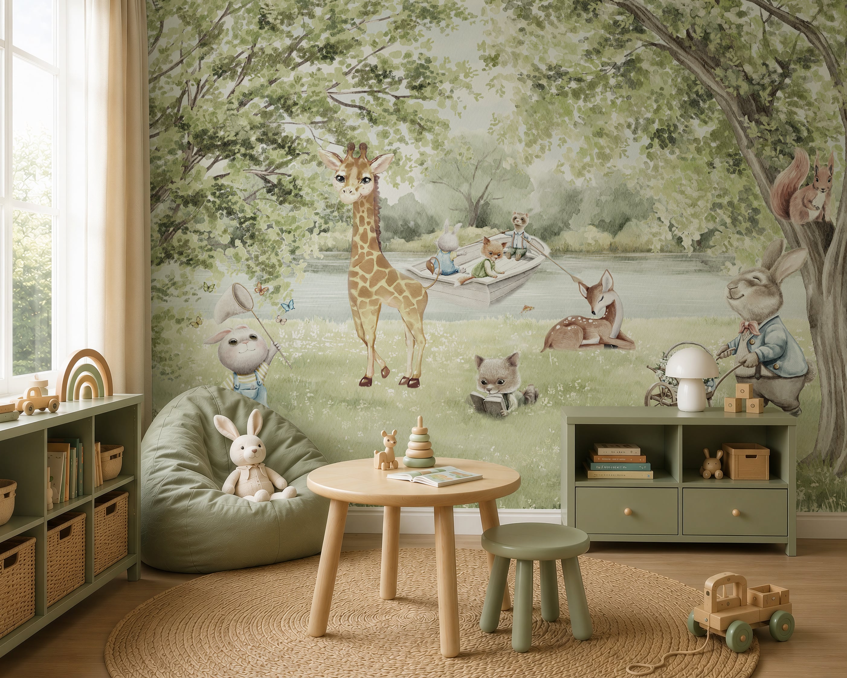 Woodland giraffe nursery wallpaper with forest animal friends