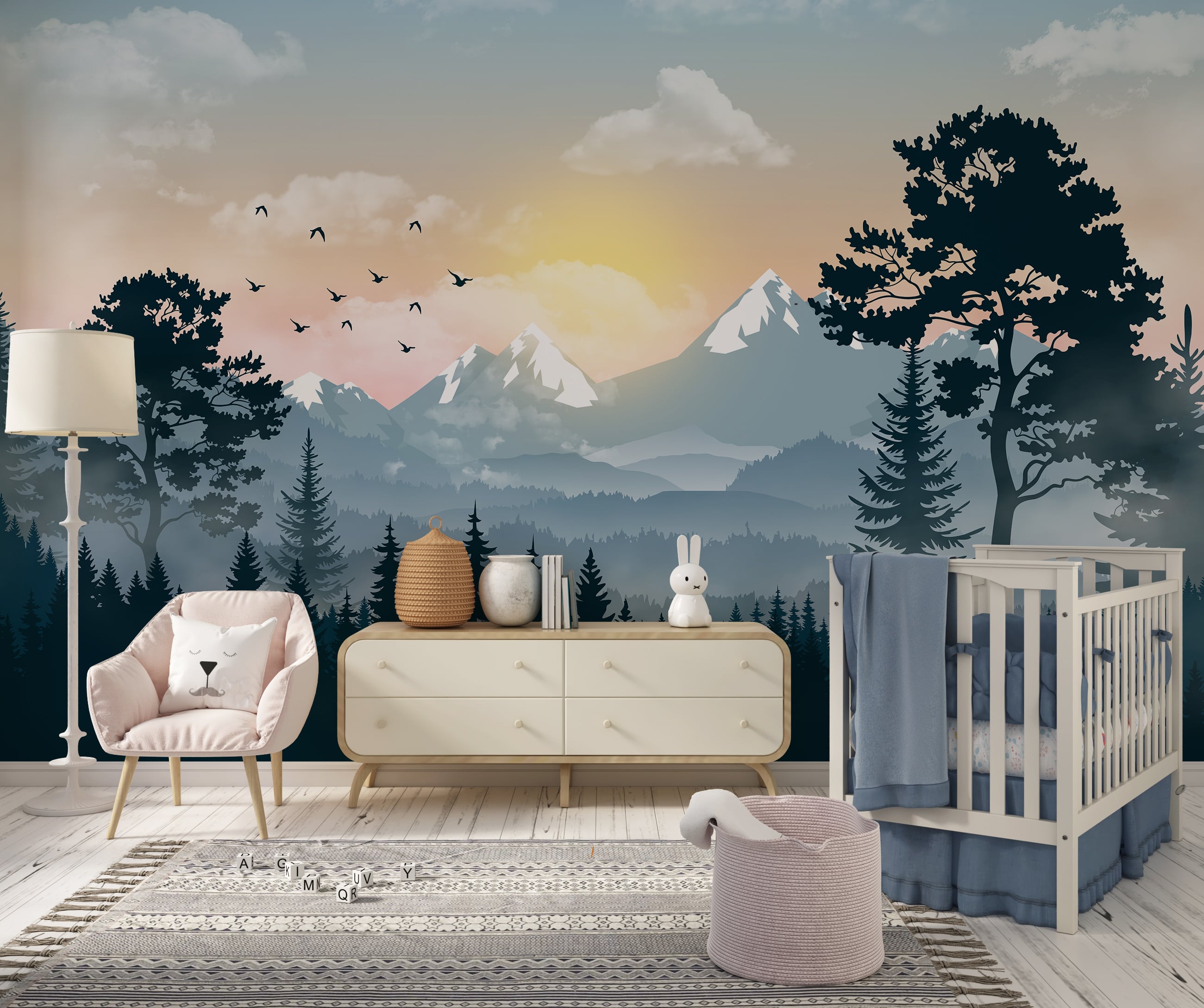 Forest mountain mural for kids bedroom
