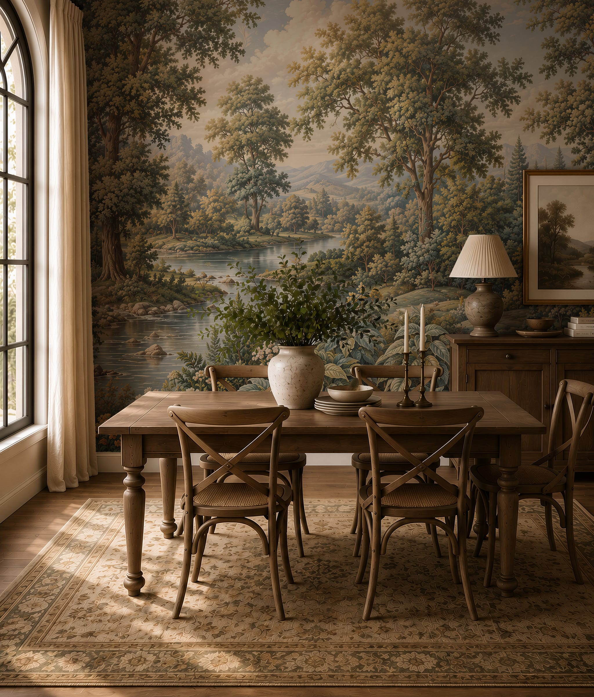 Forest river landscape wallpaper mural with trees, water and distant mountains