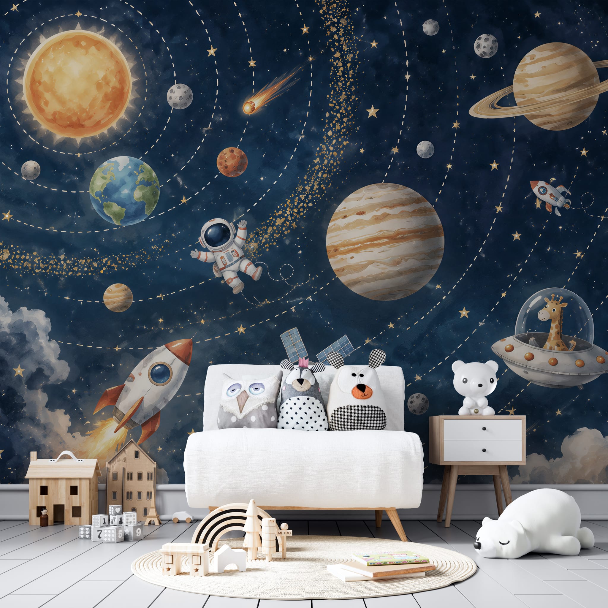 Educational planet wallpaper with Sun, Earth, Saturn, orbital paths, stars, and colorful planets
