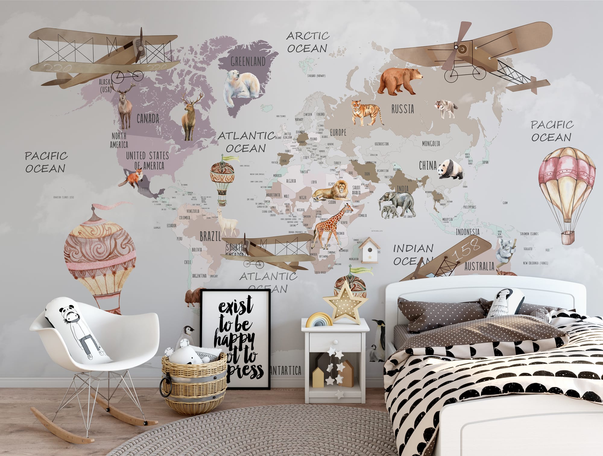 Educational world map mural for nursery and kids room