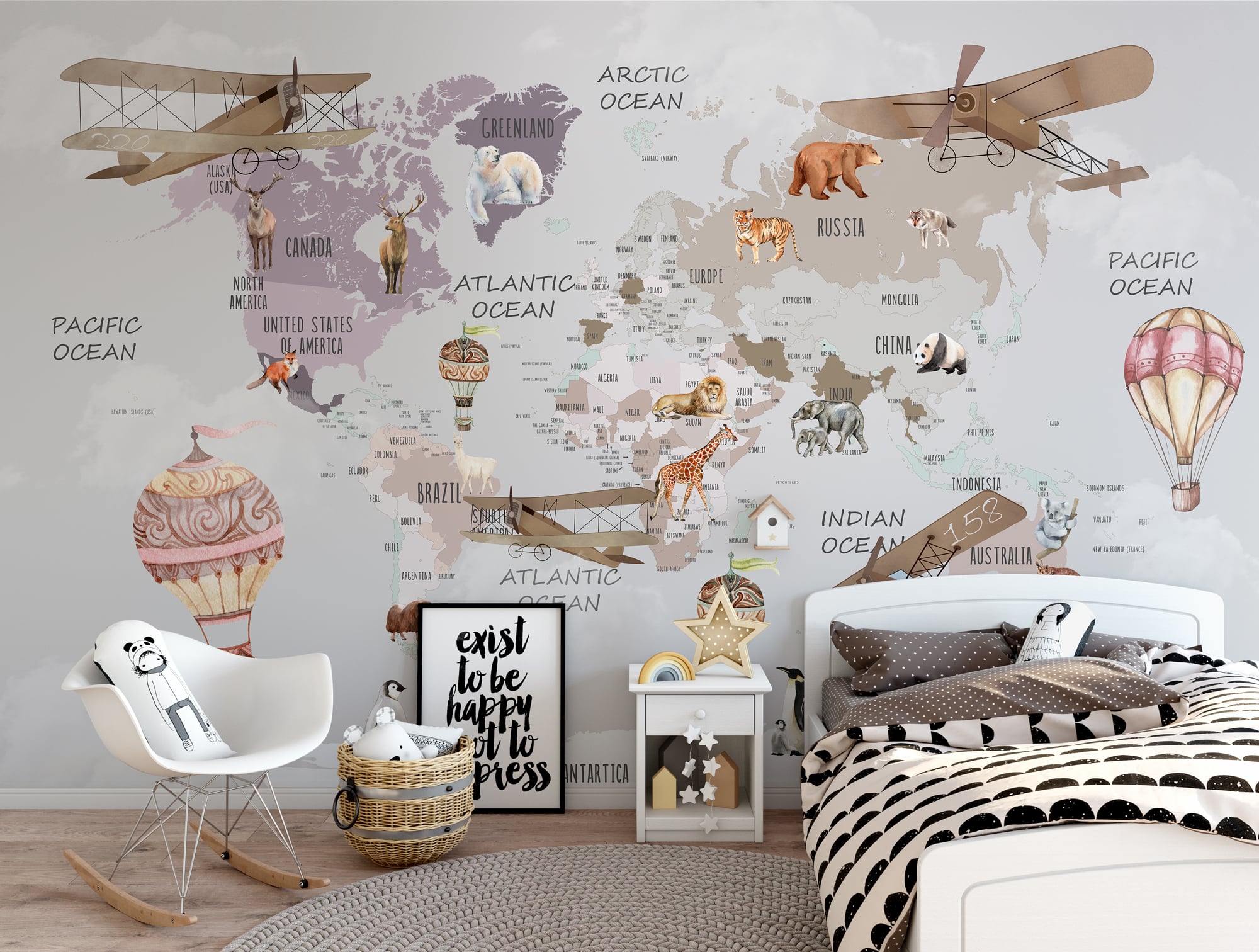 Educational world map mural for nursery and kids room