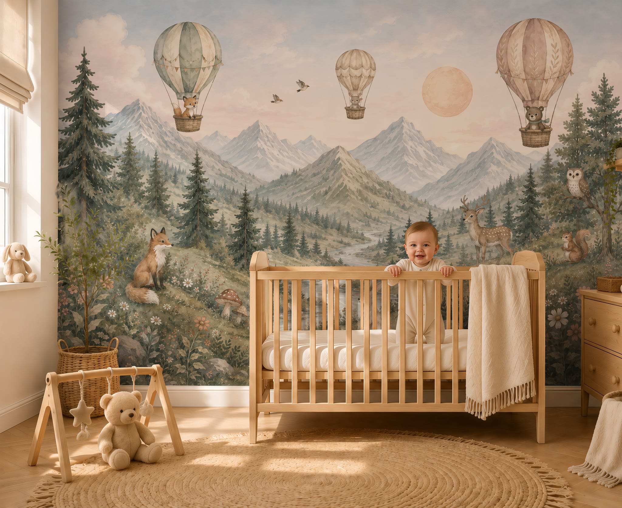 Hot air balloon nursery wallpaper with mountain landscape, woodland animals, pine trees, and soft pastel scenery