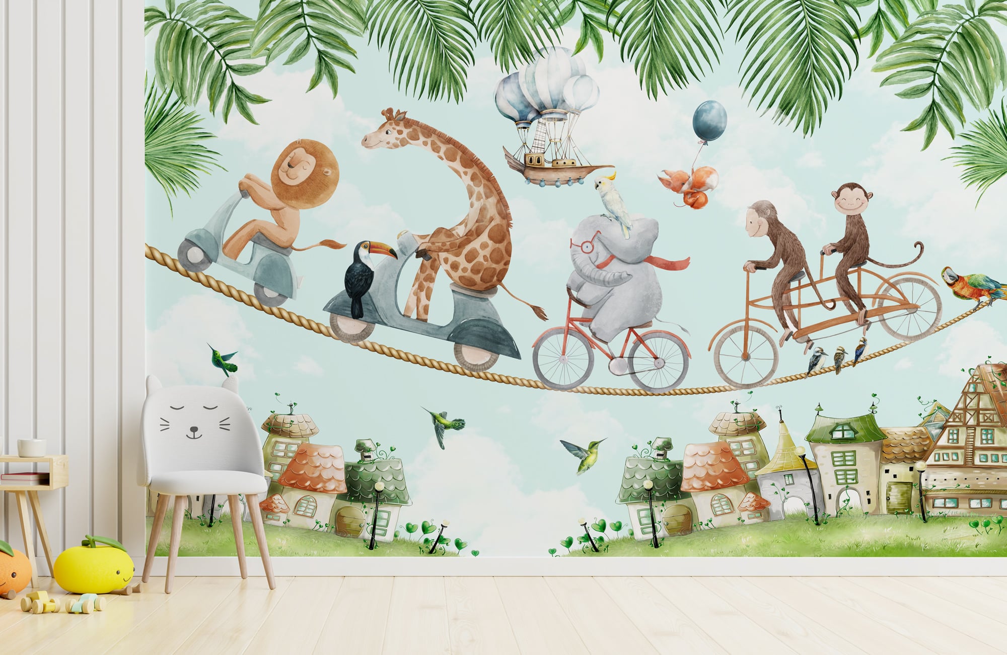 Fantasy nursery mural featuring animals riding bicycles and scooters