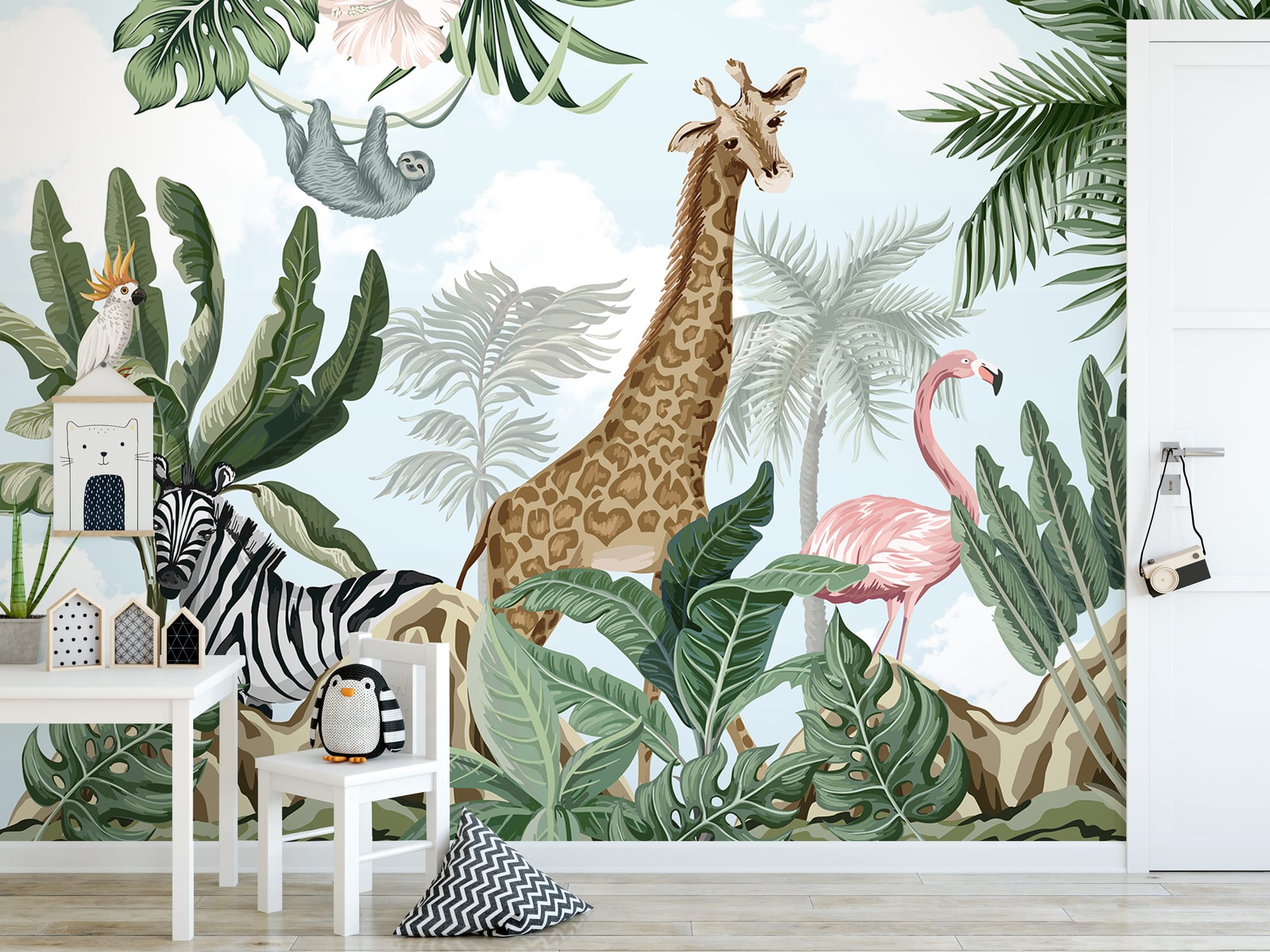 Kids safari mural featuring jungle animals and tropical plants