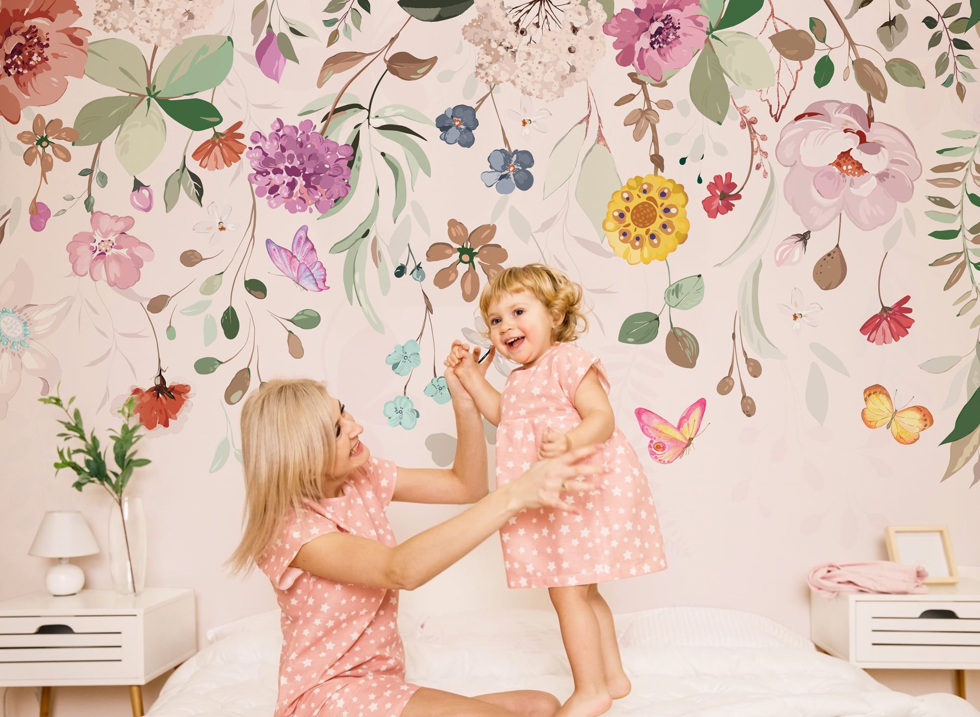 Hanging floral wallpaper with butterflies for girls bedroom