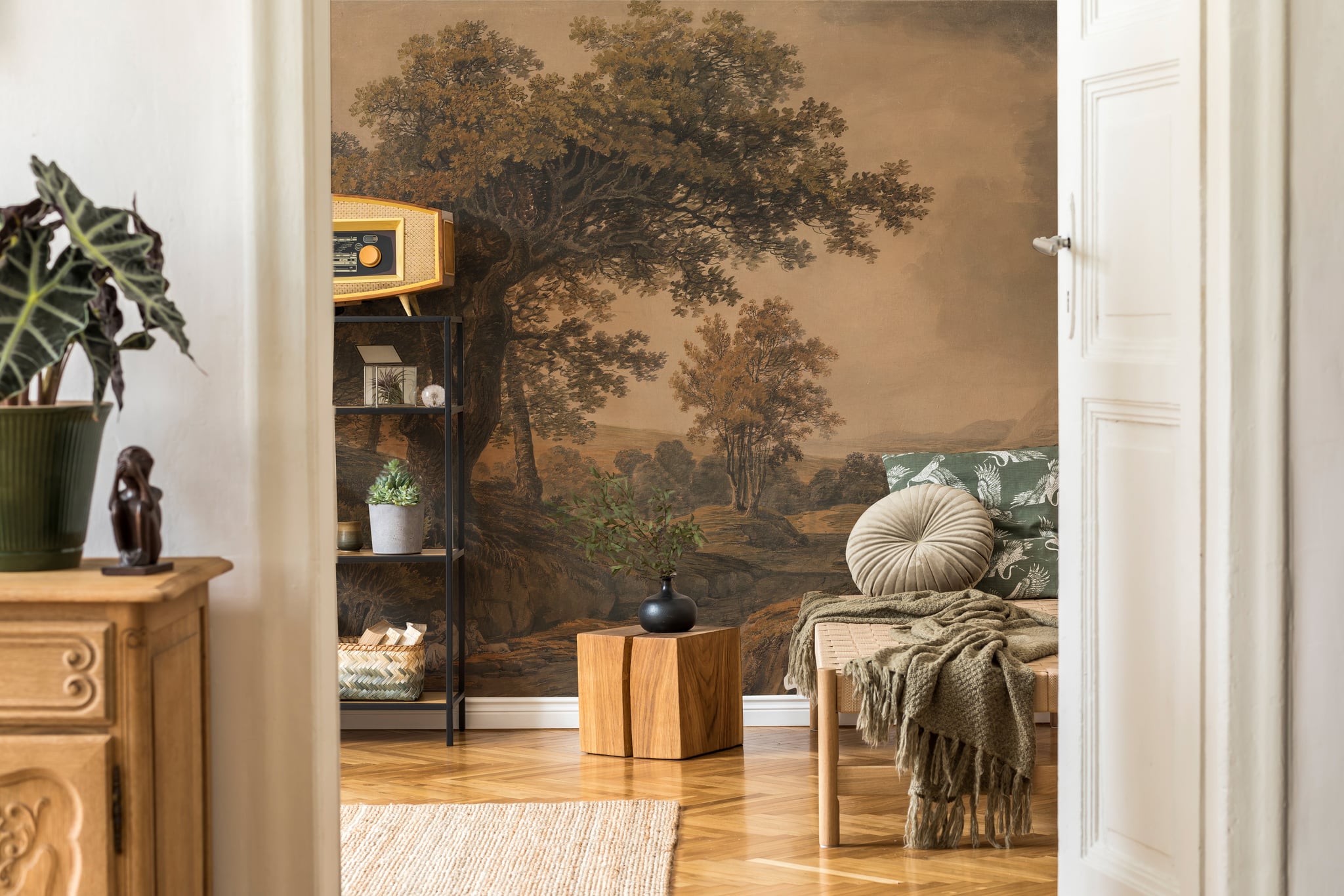 Vintage forest landscape wallpaper and scenic wall mural with a large oak tree, rolling countryside, and warm sepia tones