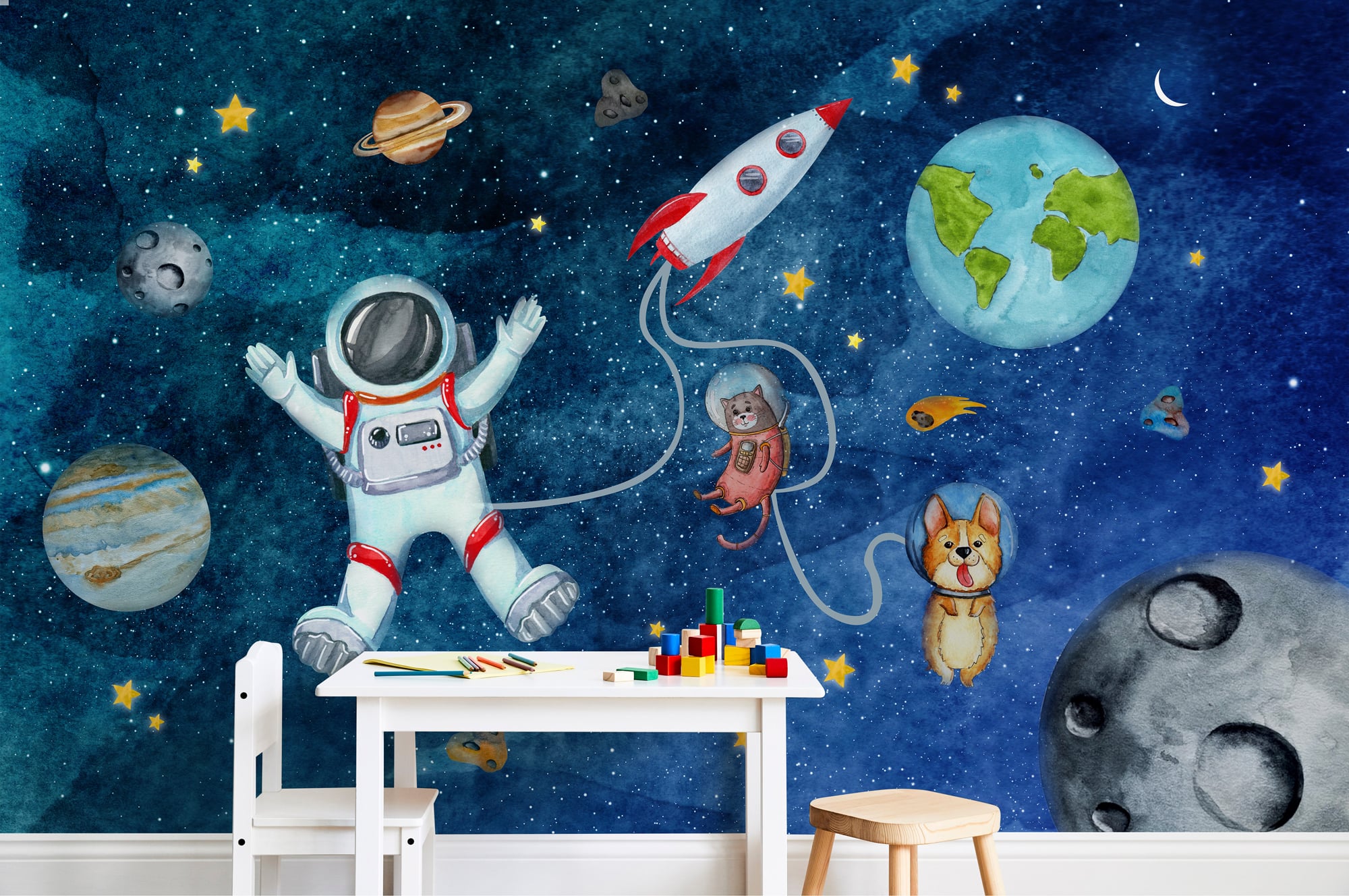 Outer space mural for boys bedroom