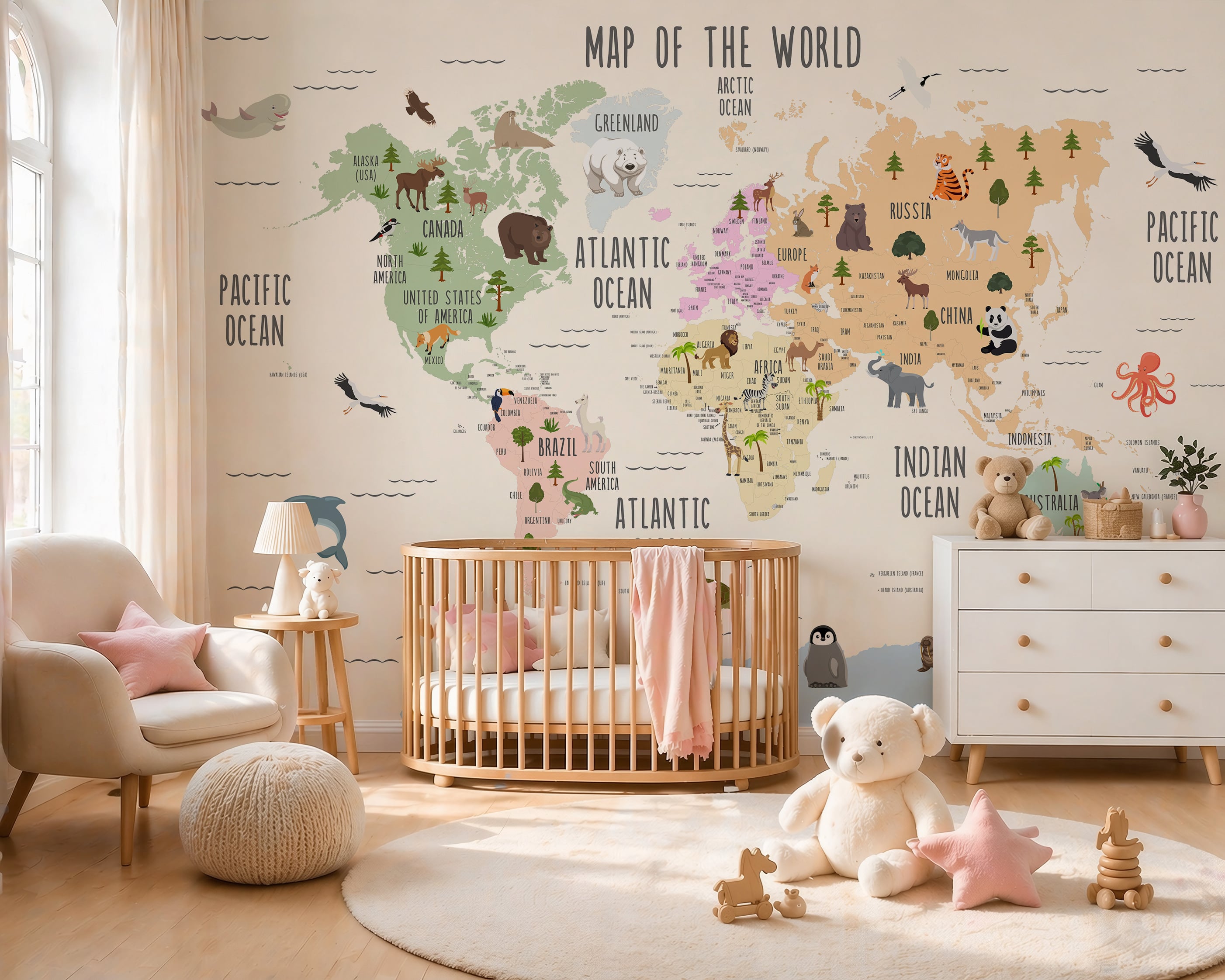 Educational world map mural with animals and continents
