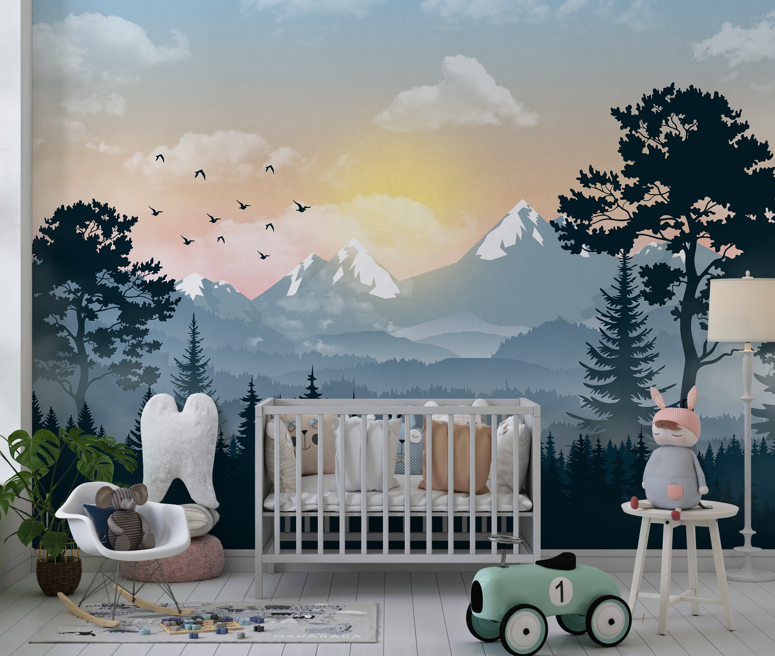 Mountain sunset wallpaper in nursery room