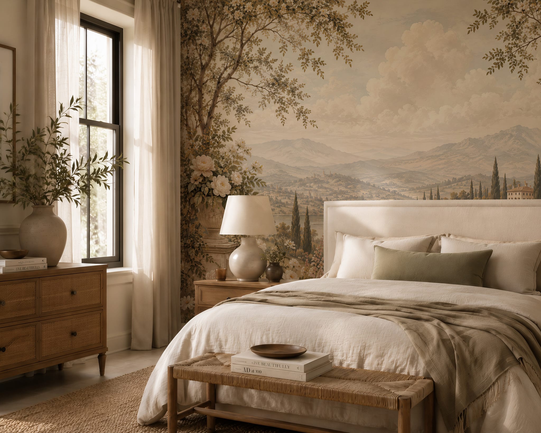 Elegant dining room featuring a scenic wall mural with flowers, rolling hills, distant mountains, and a classical European atmosphere