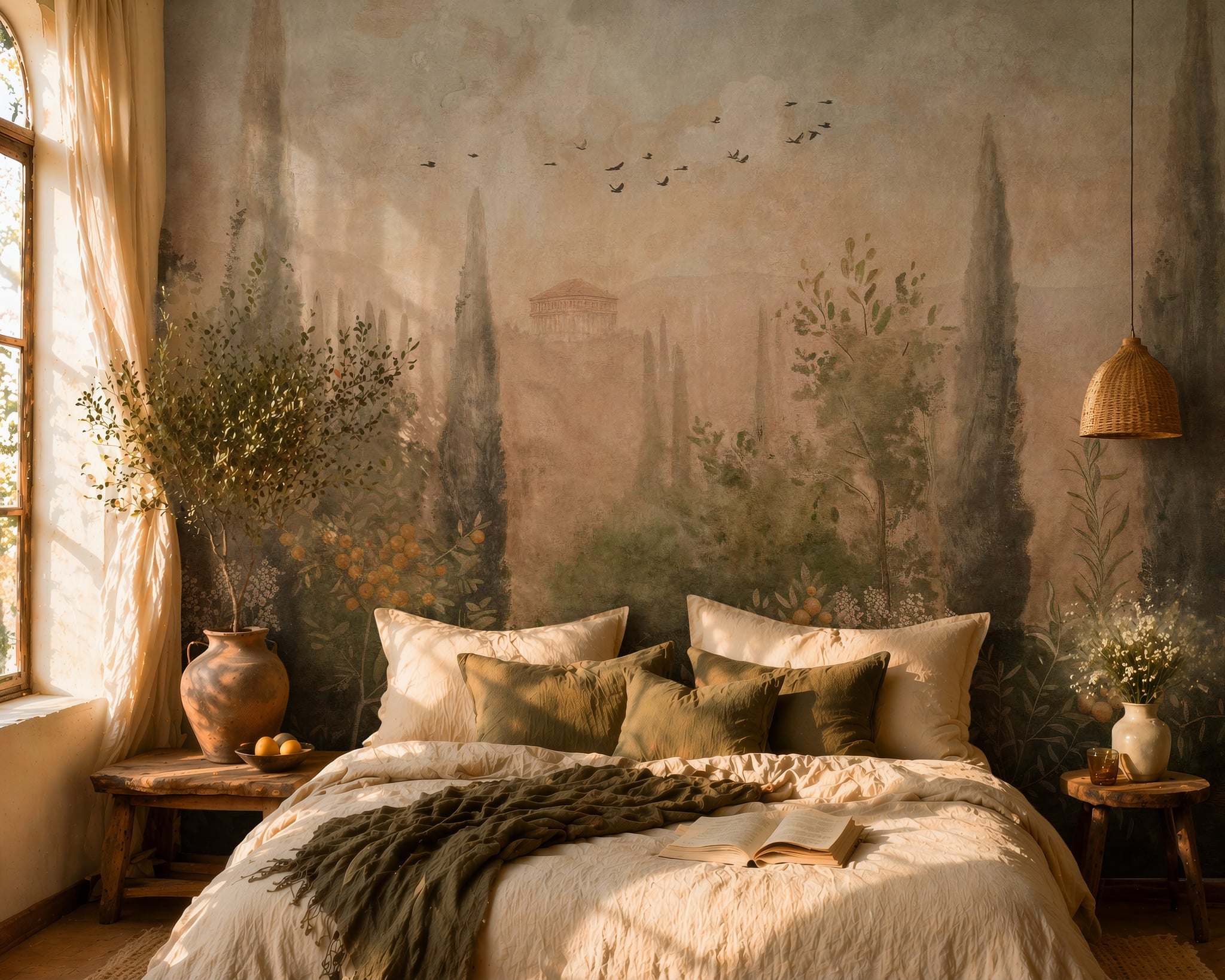 Tuscan landscape wallpaper and scenic wall mural with cypress trees, olive branches, citrus plants, birds, and warm neutral tones