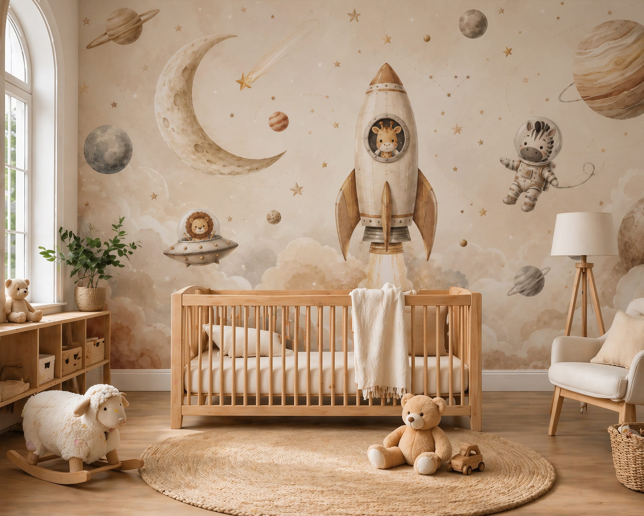 Soft beige space wall mural with giraffe rocket pilot, zebra astronaut, lion spaceship, and dreamy planets