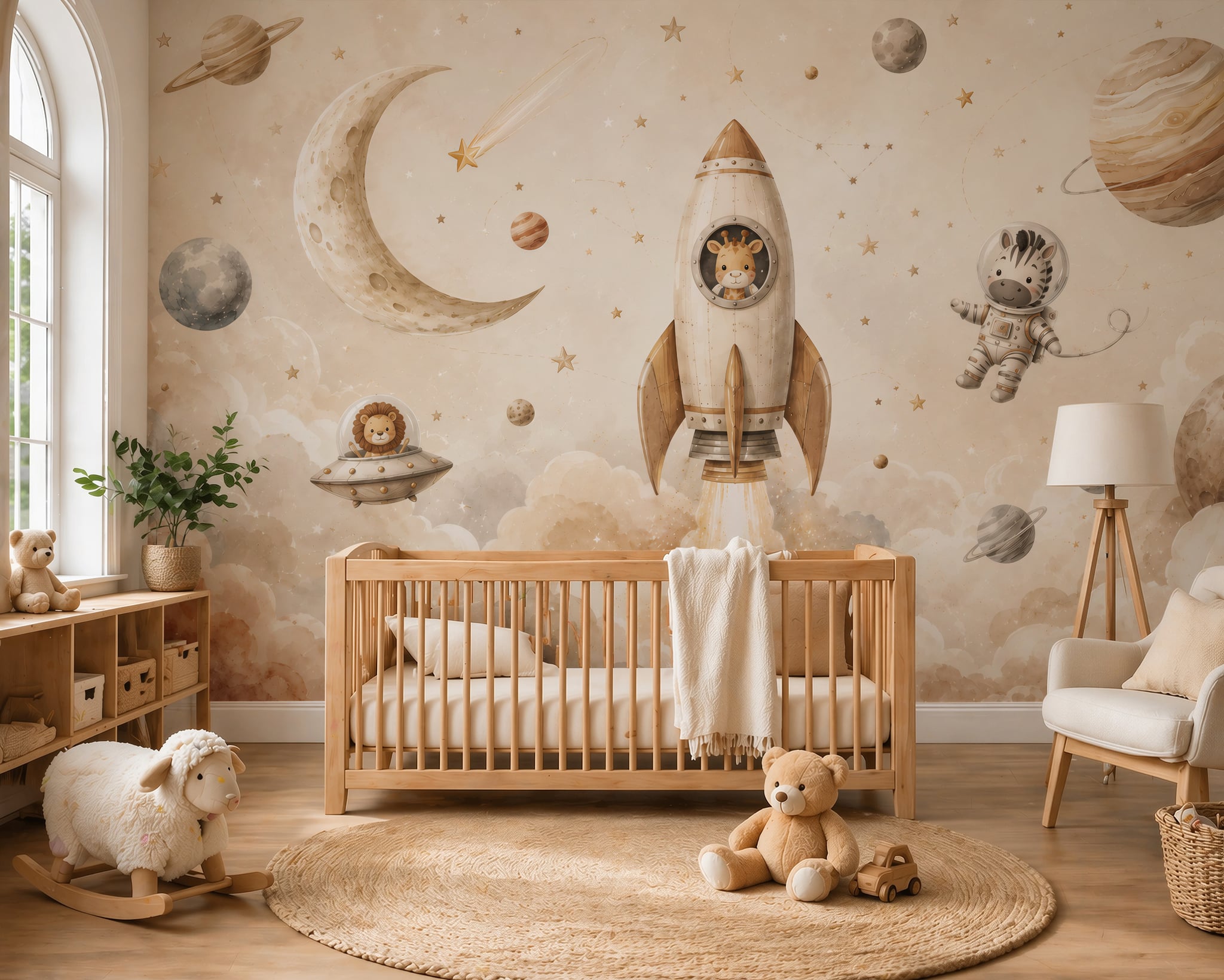 Soft beige space wall mural with giraffe rocket pilot, zebra astronaut, lion spaceship, and dreamy planets