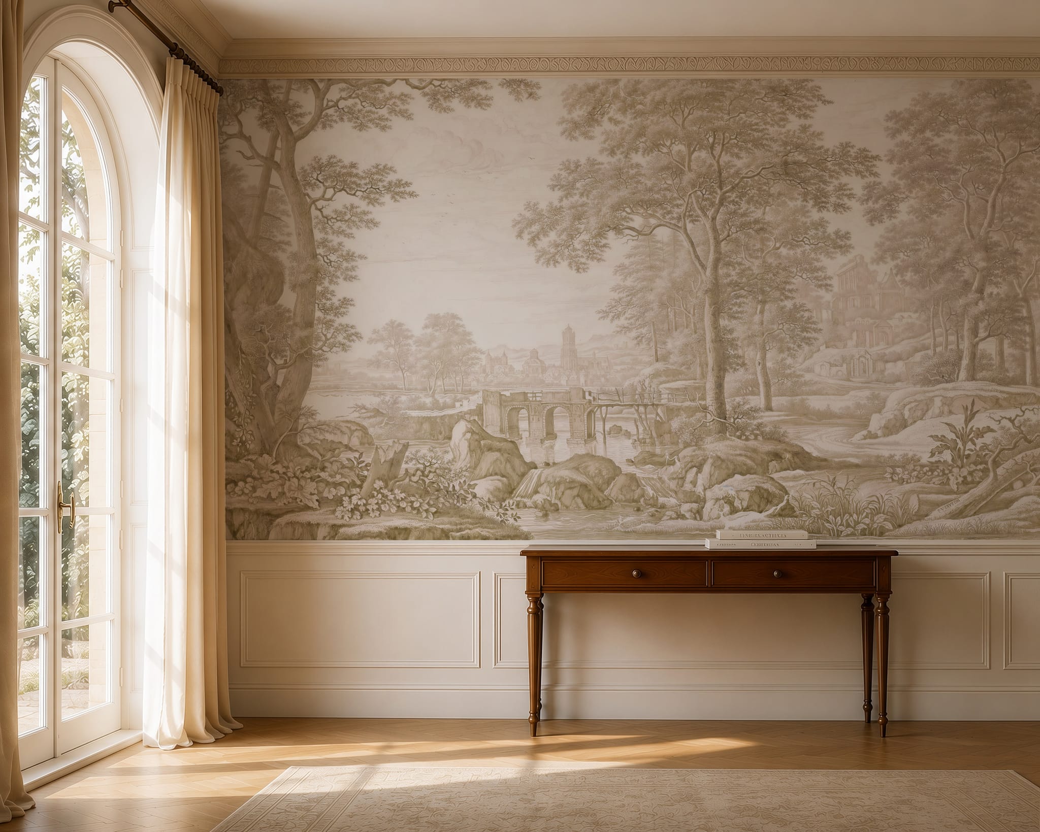Classical wall mural displayed in an elegant dining room with carved wood furniture and a neutral scenic landscape