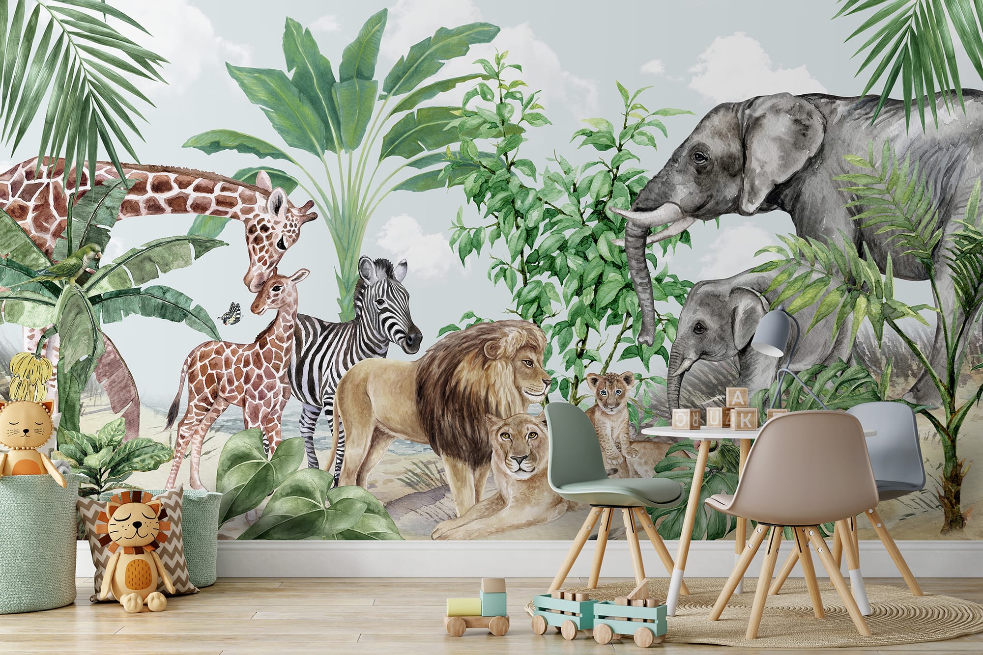 Jungle animal wallpaper with giraffe elephant and lion