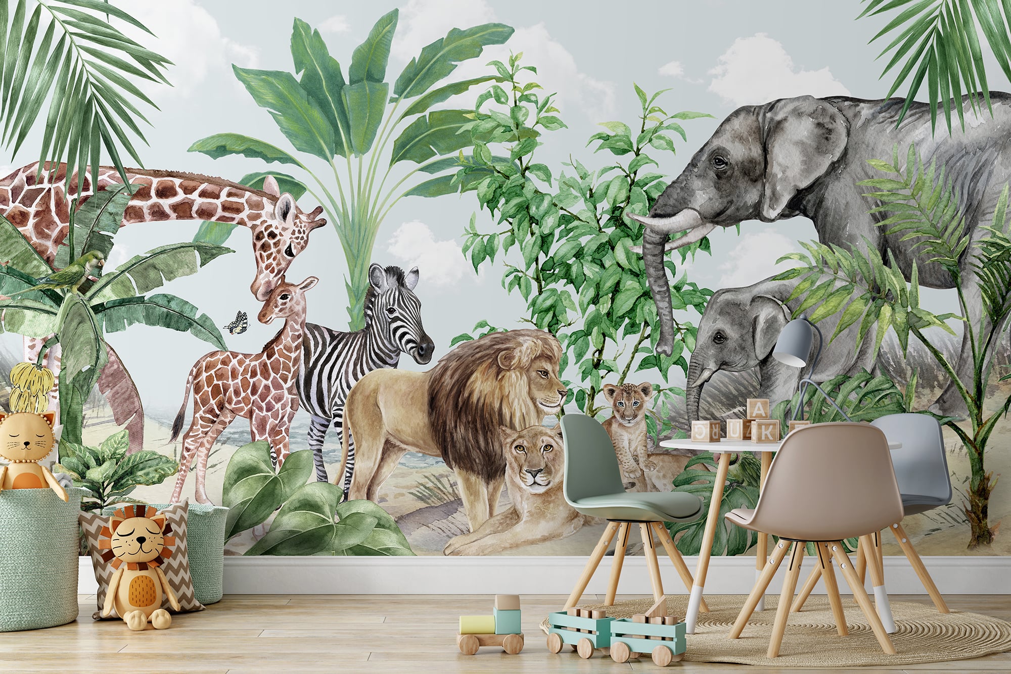 Jungle animal wallpaper with giraffe elephant and lion