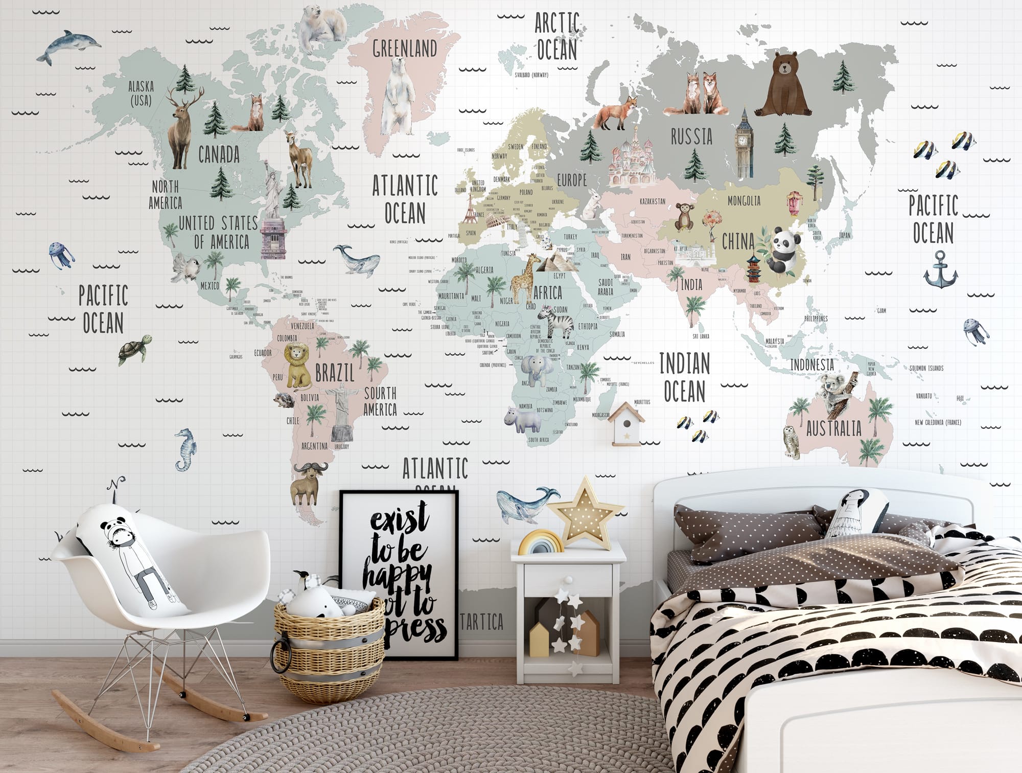 Animal world map mural for nursery and playroom