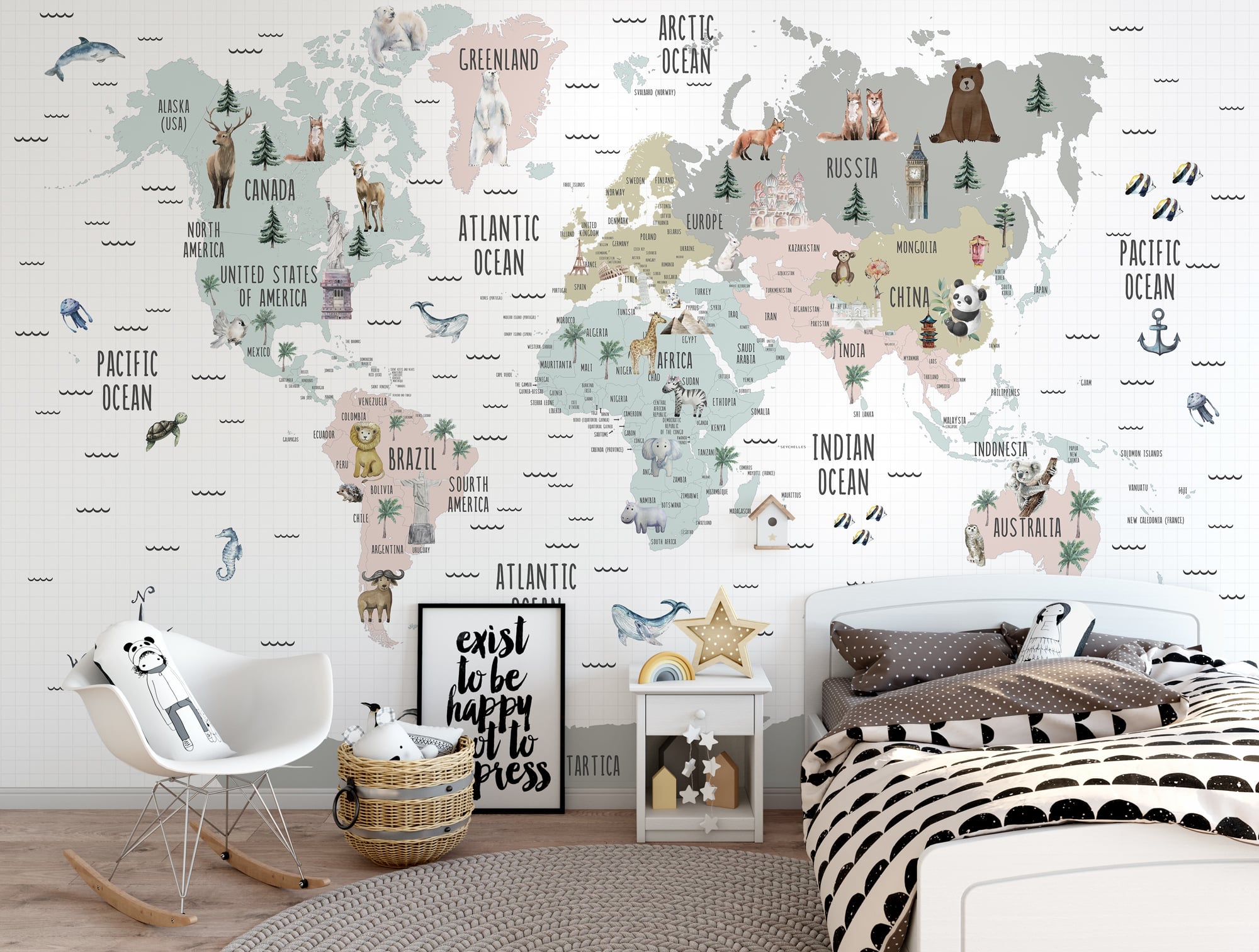 Animal world map mural for nursery and playroom