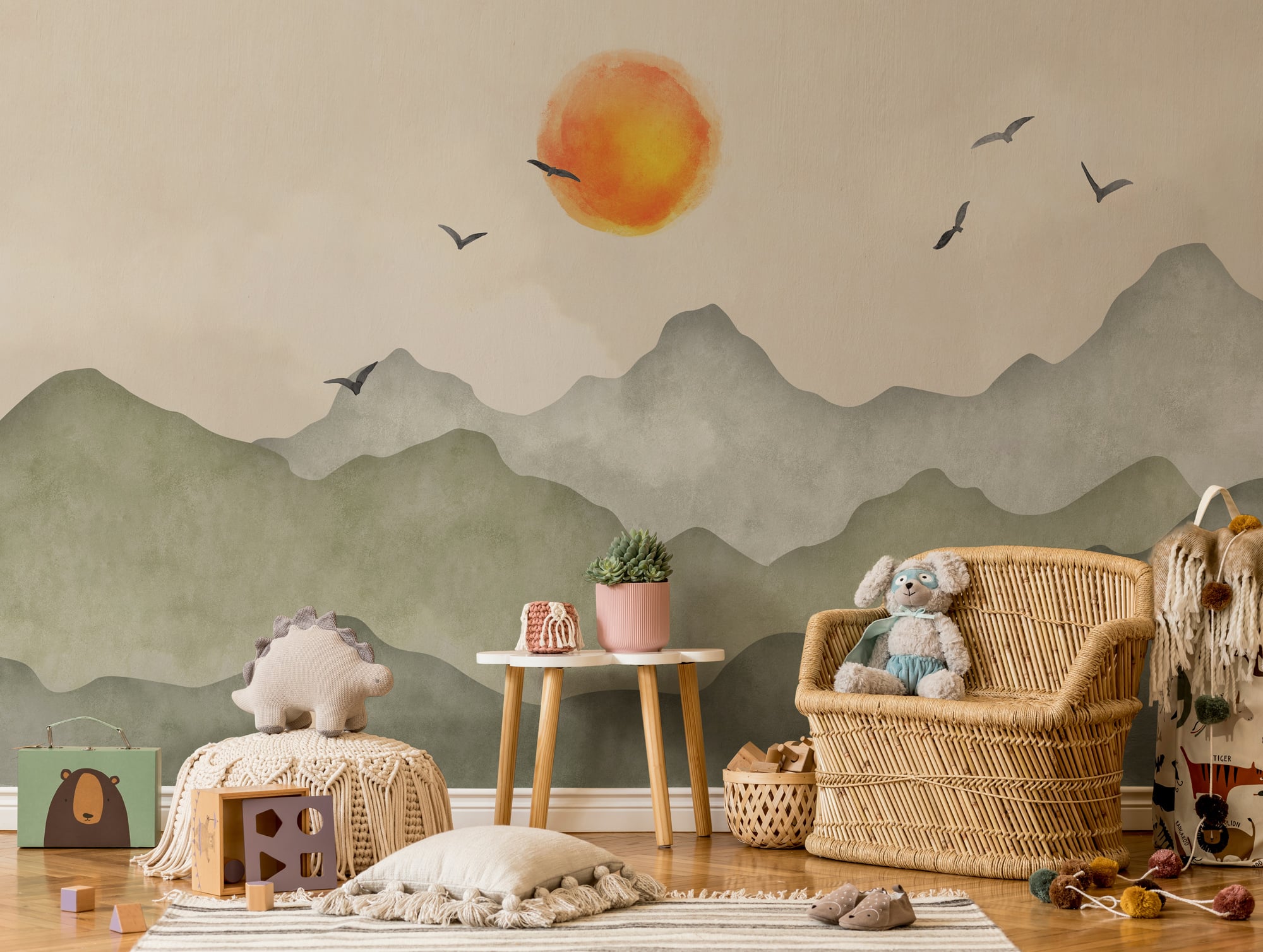 Boho mountain sunset wallpaper in neutral nursery room