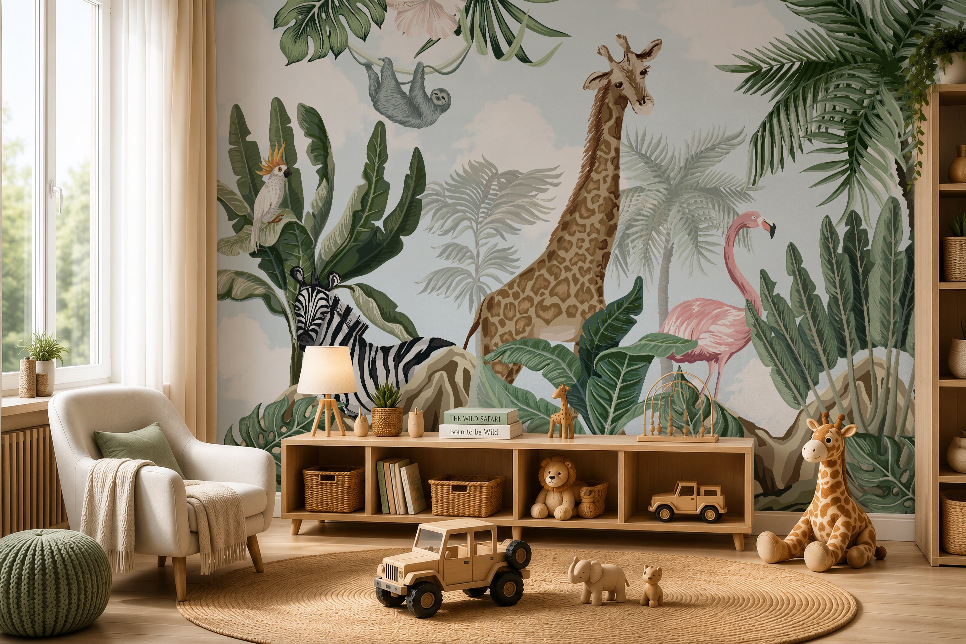 Safari jungle wallpaper with giraffe zebra flamingo and tropical leaves
