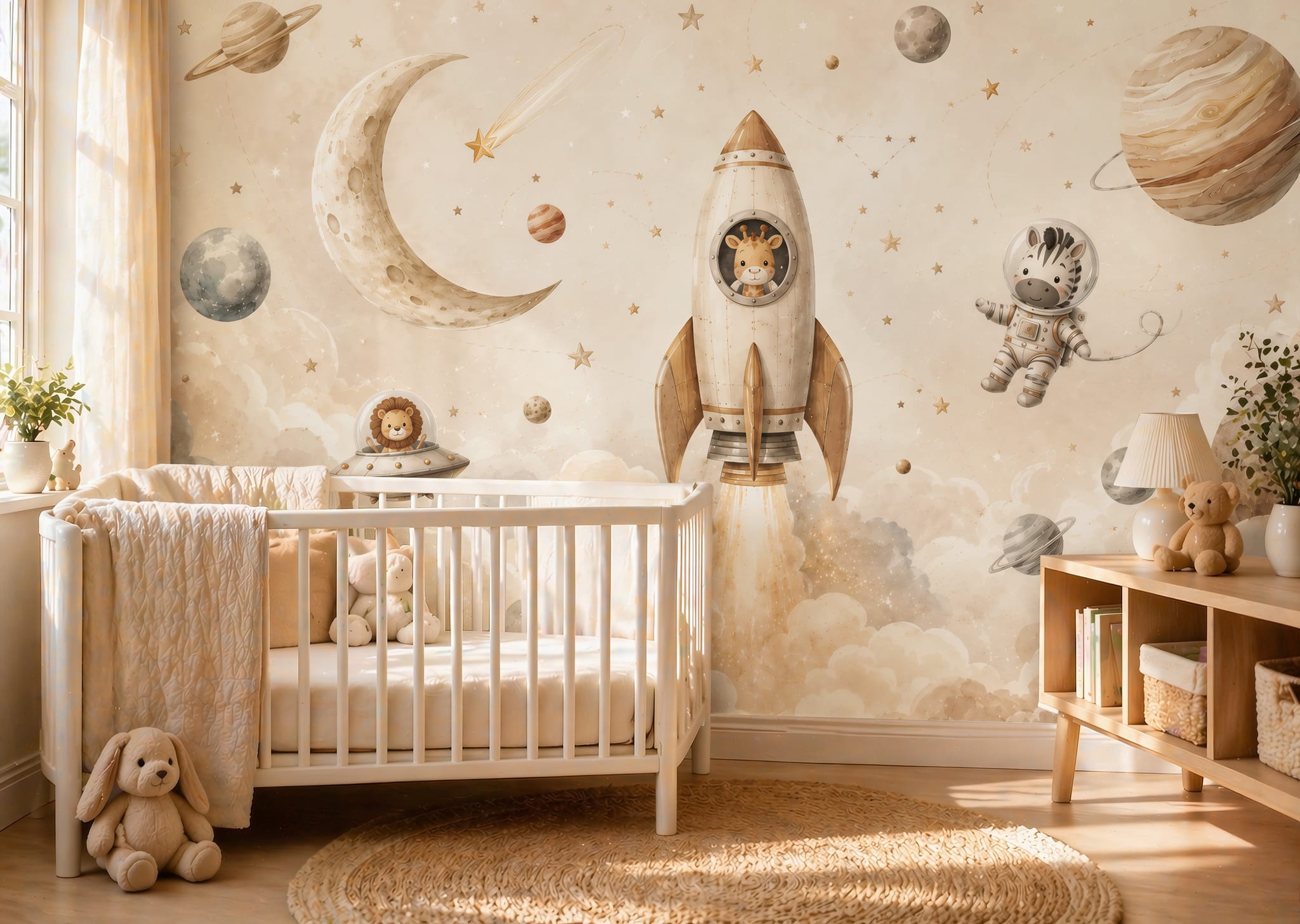 Nursery space wallpaper with warm neutral planets, crescent moon, stars, rocket, and friendly animal characters