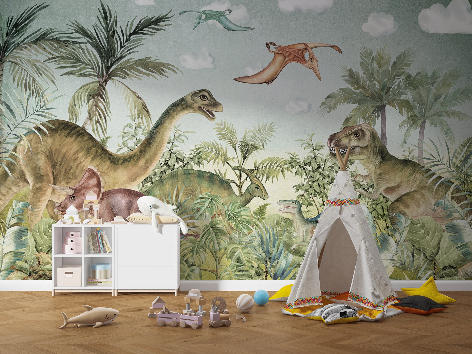 Dinosaur jungle wallpaper with prehistoric animals