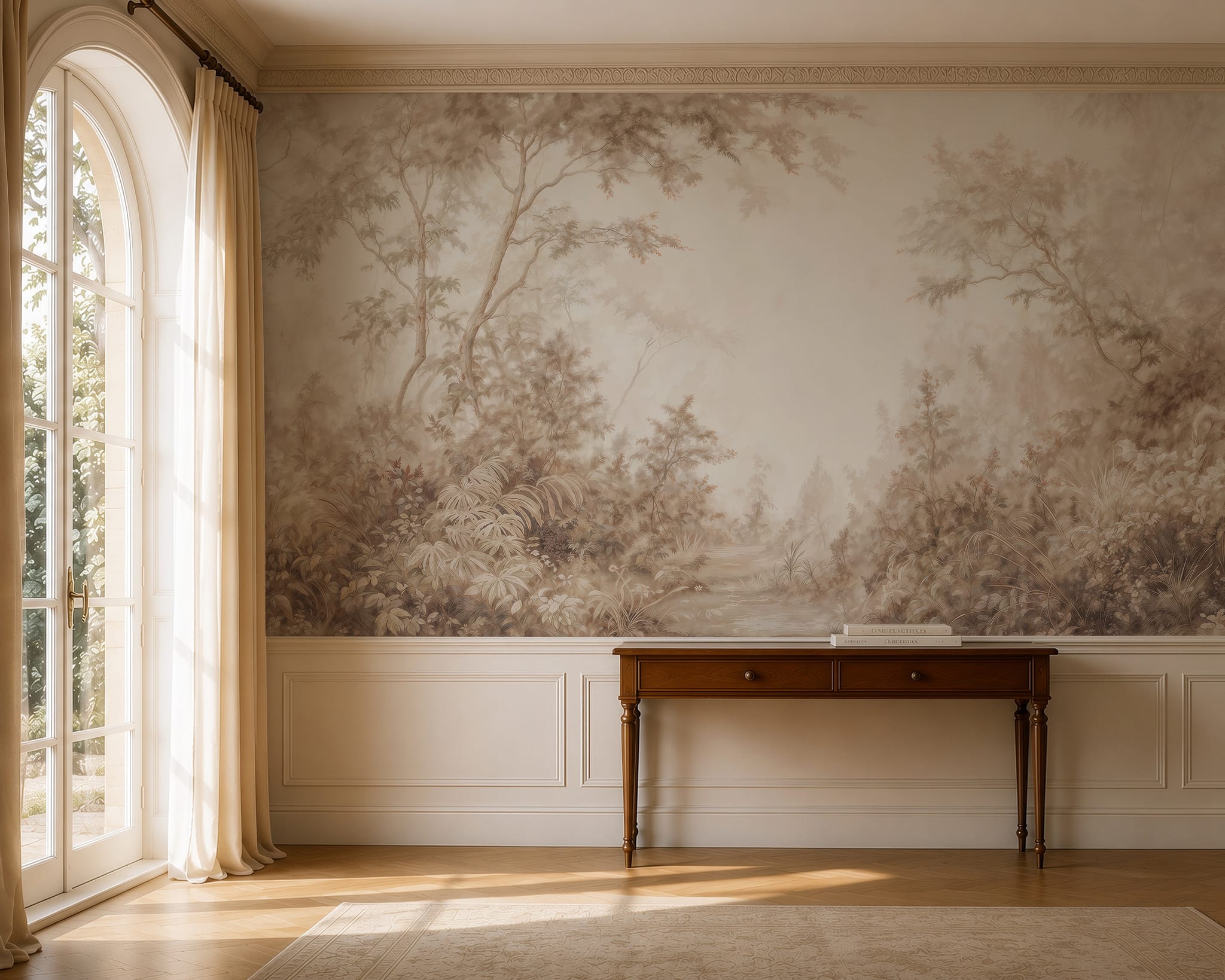 Neutral woodland wallpaper wall mural with misty trees, soft taupe tones, and layered botanical scenery